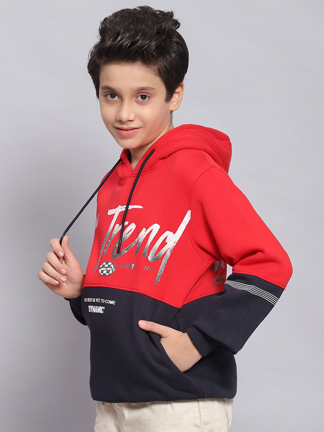 Boys Red Printed Hooded Full Sleeve Sweatshirt