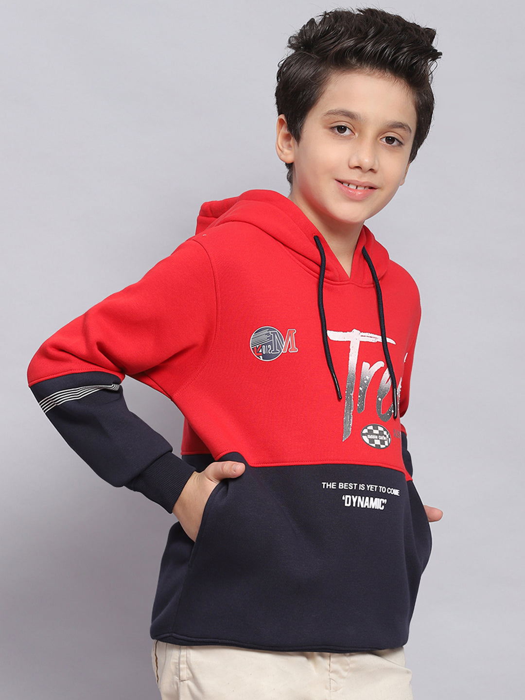 Boys Red Printed Hooded Full Sleeve Sweatshirt