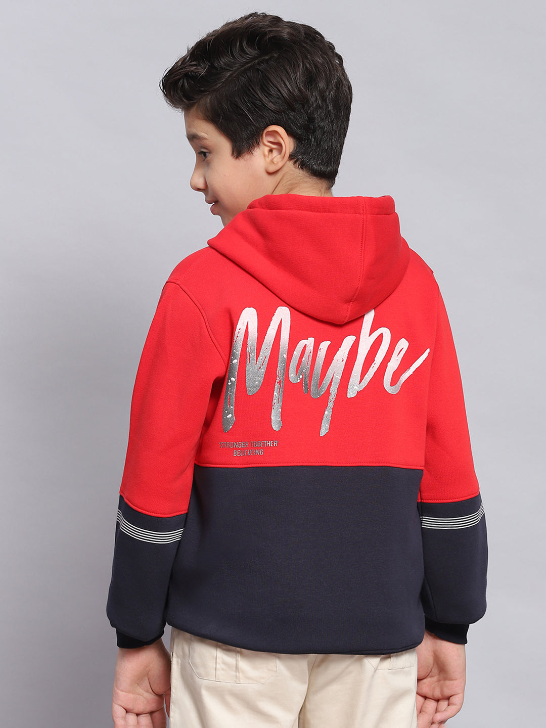 Boys Red Printed Hooded Full Sleeve Sweatshirt