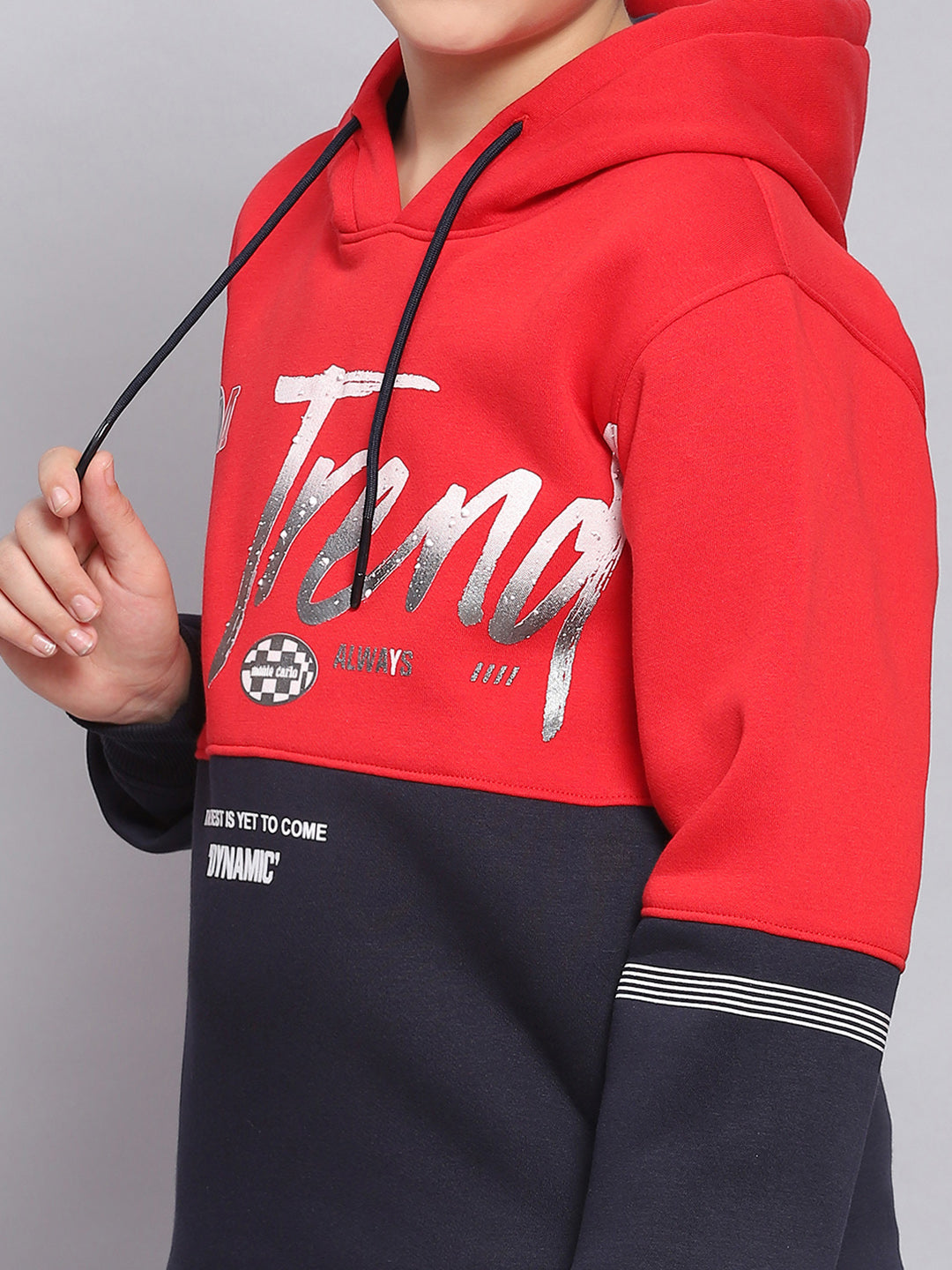 Boys Red Printed Hooded Full Sleeve Sweatshirt