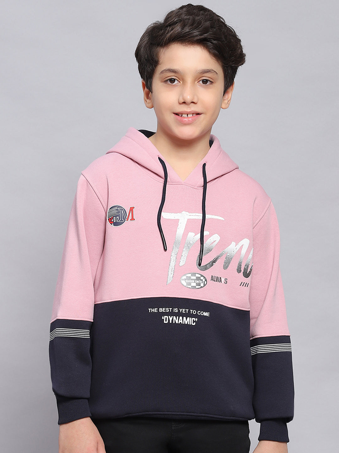 Boys Pink Printed Hooded Full Sleeve Sweatshirt