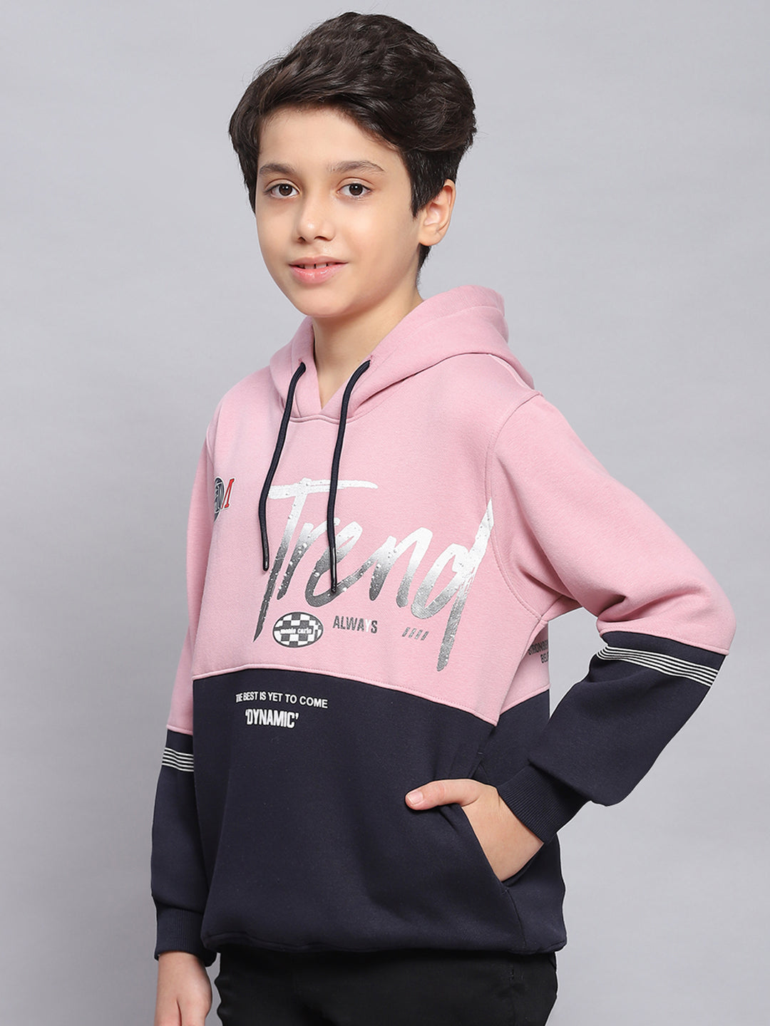 Boys Pink Printed Hooded Full Sleeve Sweatshirt