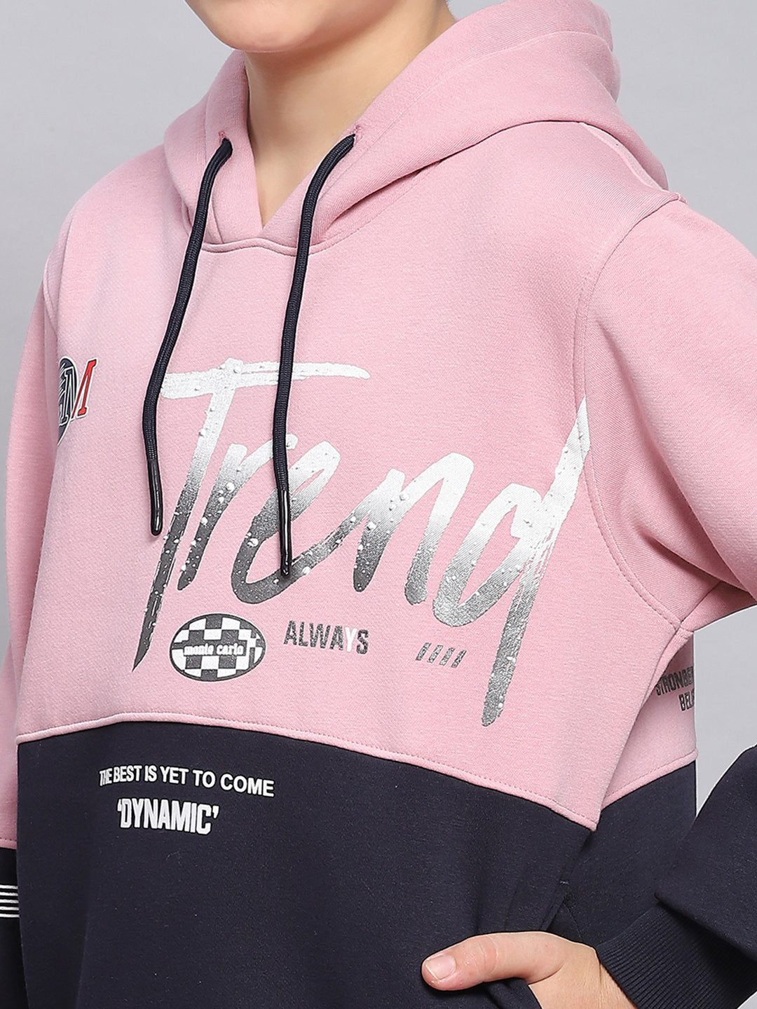 Boys Pink Printed Hooded Full Sleeve Sweatshirt