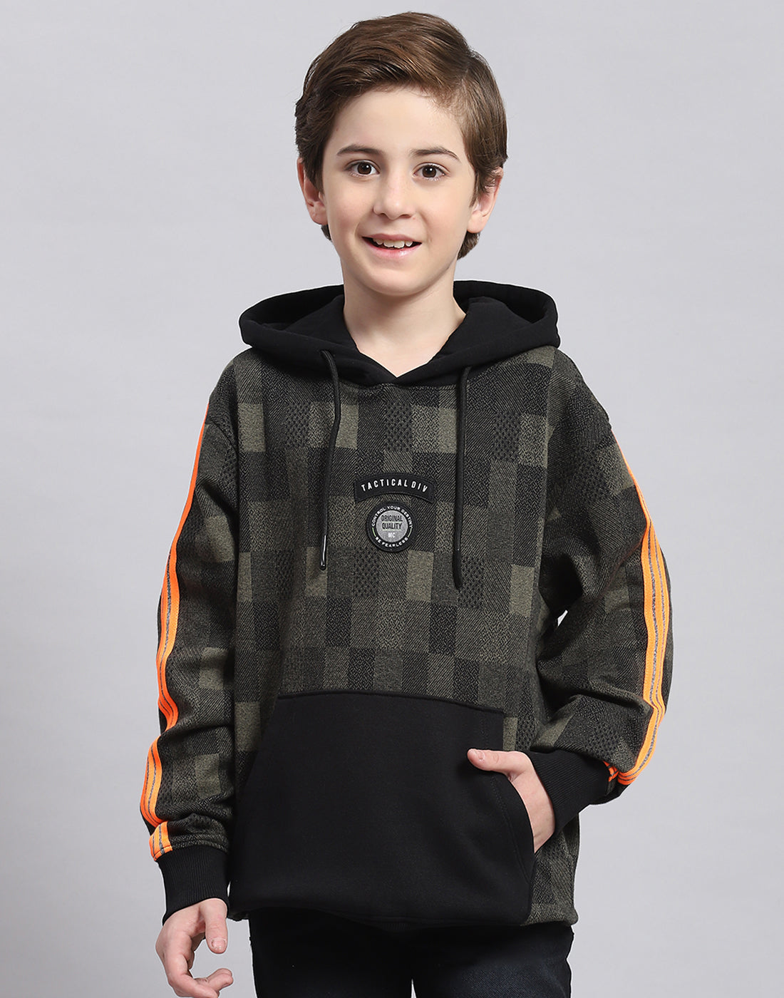 Boys Black Self Design Hooded Full Sleeve Sweatshirt