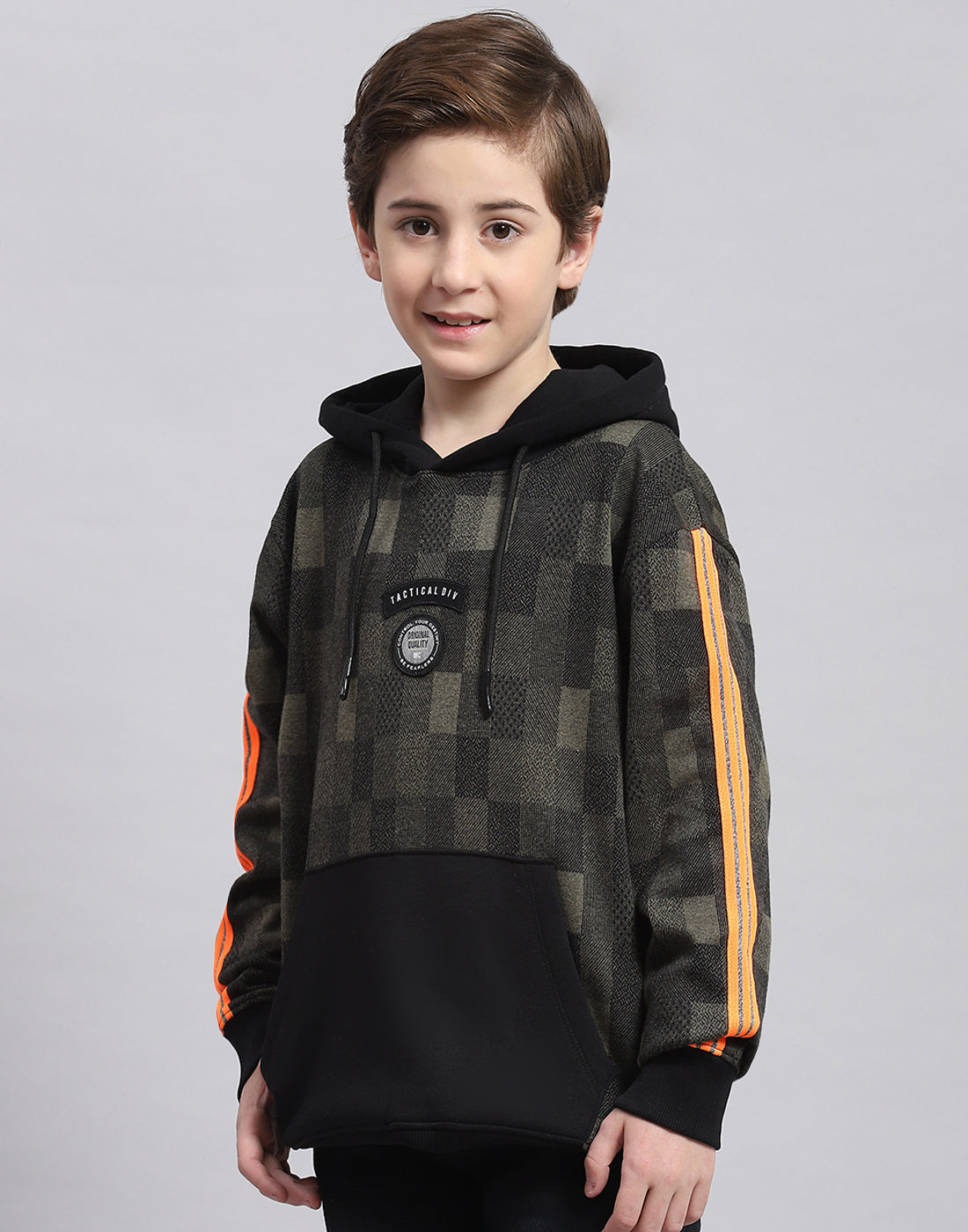 Boys Black Self Design Hooded Full Sleeve Sweatshirt