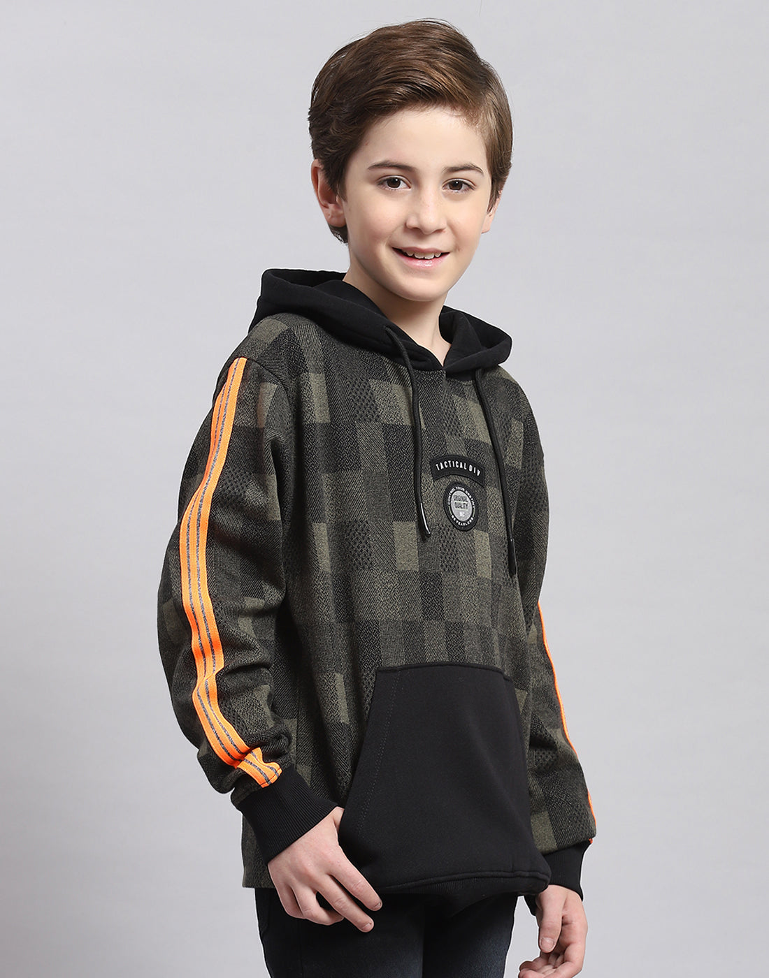 Boys Black Self Design Hooded Full Sleeve Sweatshirt