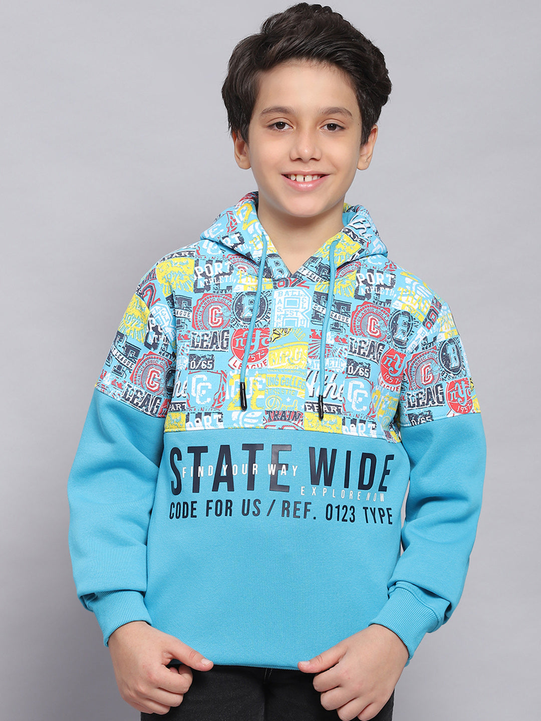 Boys Turquoise Blue Printed Hooded Full Sleeve Sweatshirt