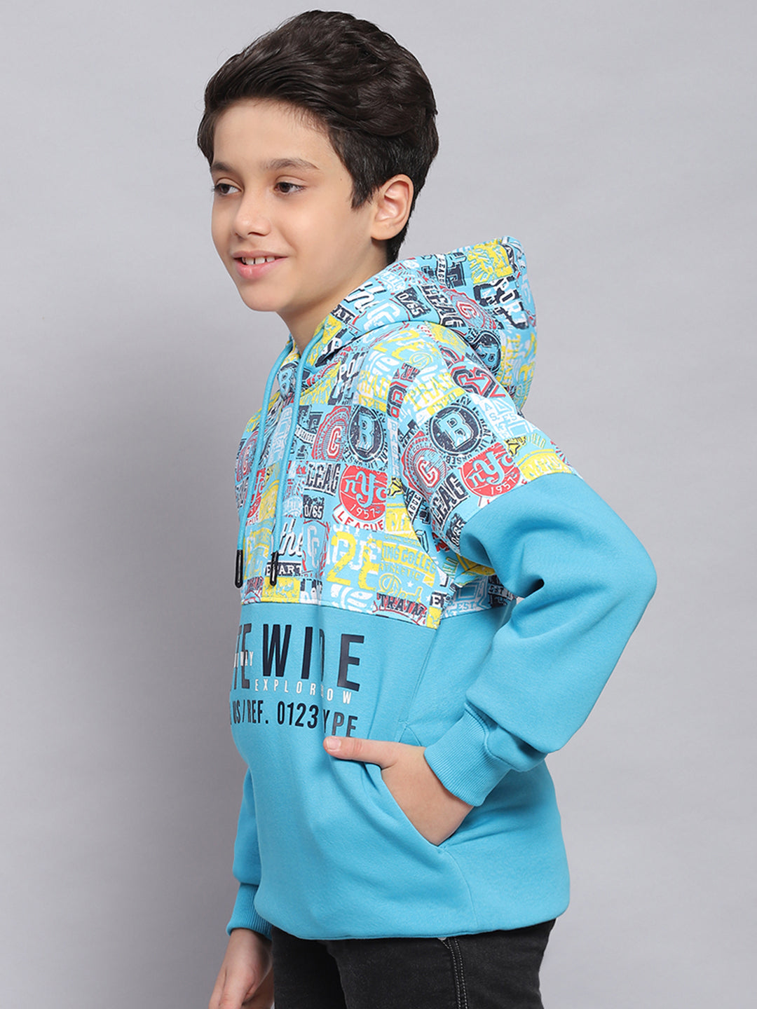 Boys Turquoise Blue Printed Hooded Full Sleeve Sweatshirt