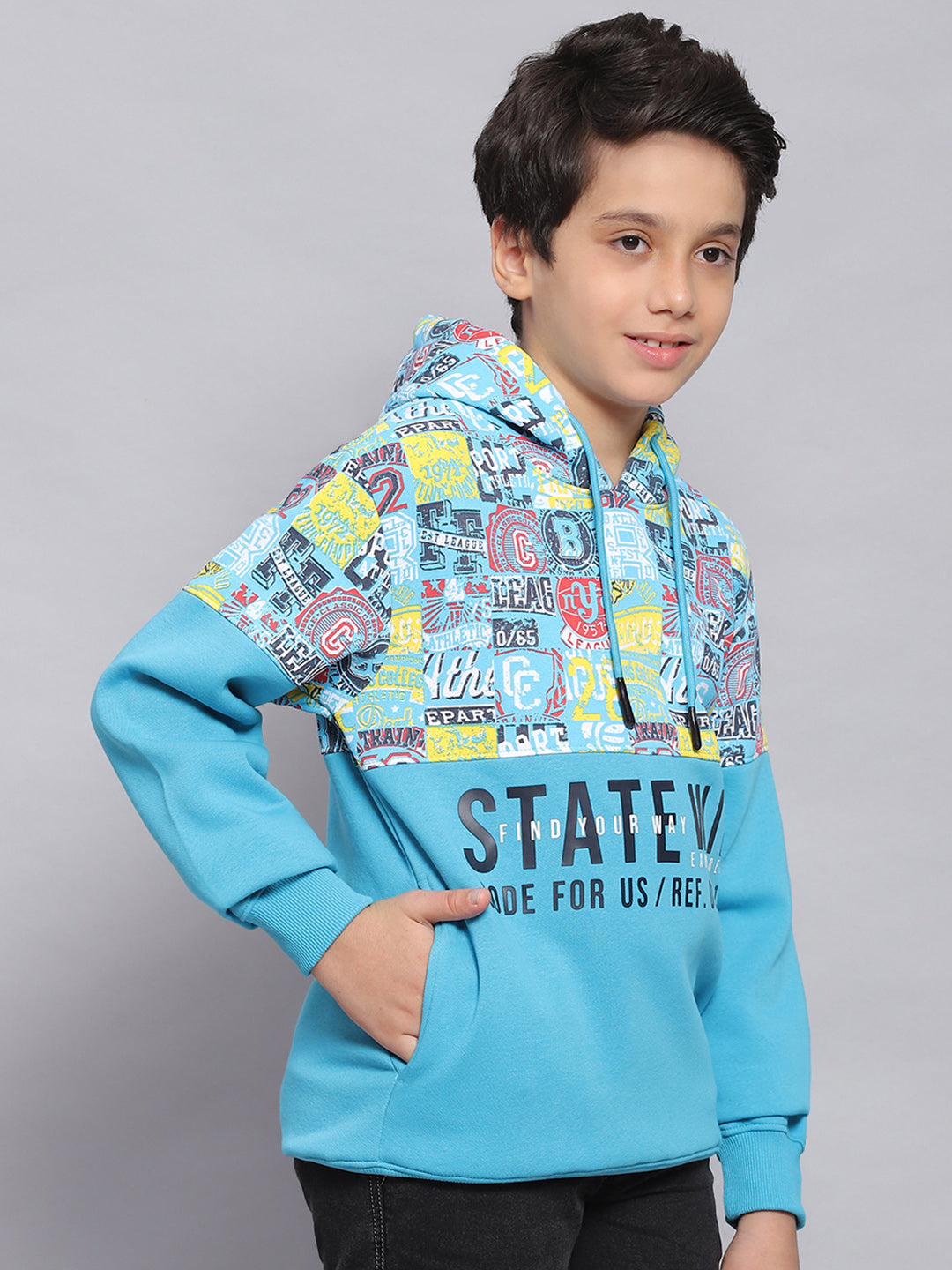 Boys Turquoise Blue Printed Hooded Full Sleeve Sweatshirt