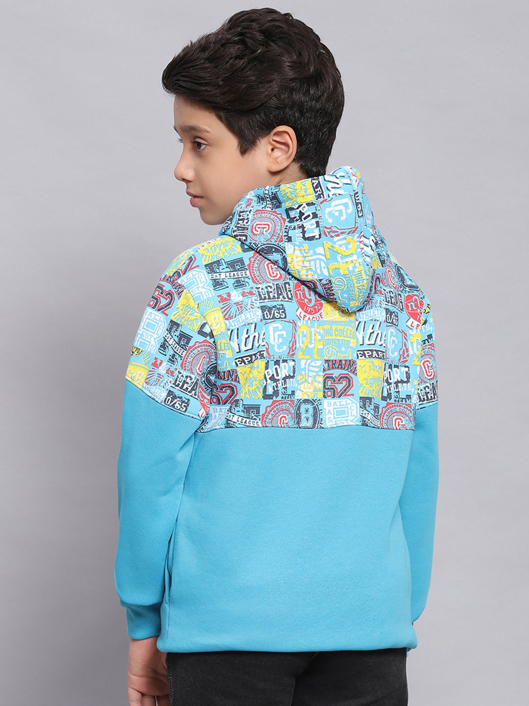 Boys Turquoise Blue Printed Hooded Full Sleeve Sweatshirt