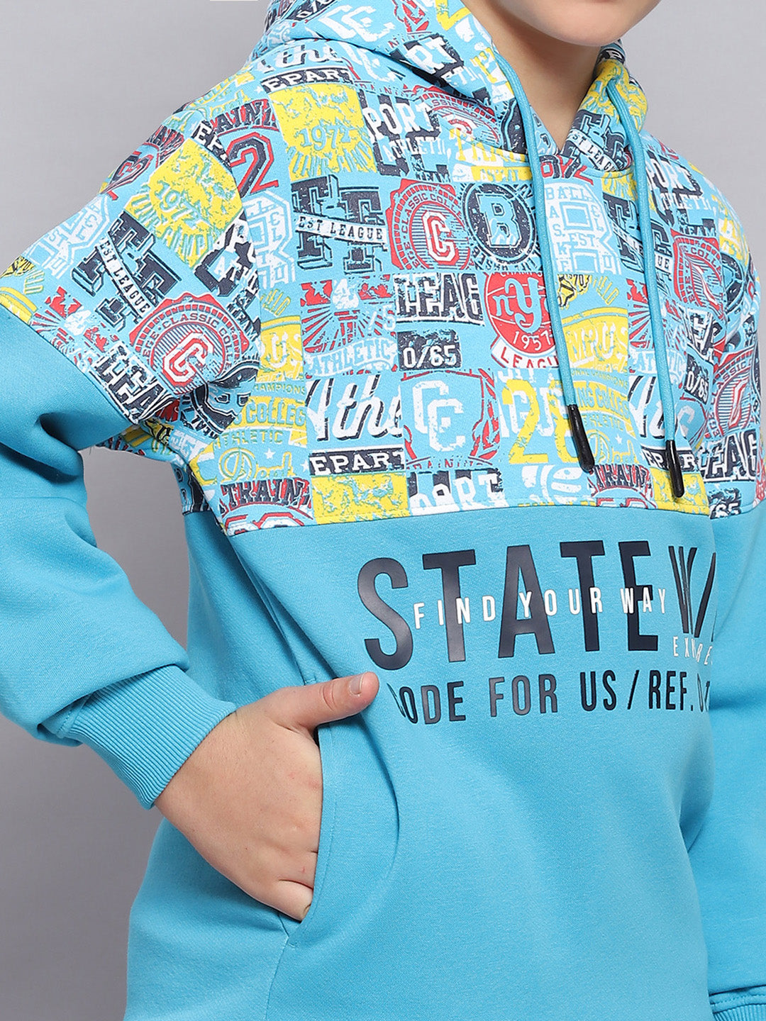 Boys Turquoise Blue Printed Hooded Full Sleeve Sweatshirt