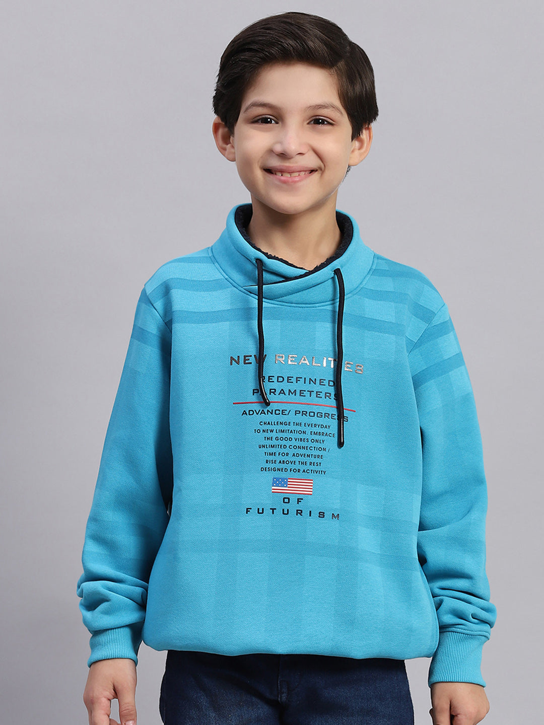 Boys Turquoise Blue Printed F Neck Full Sleeve Sweatshirt