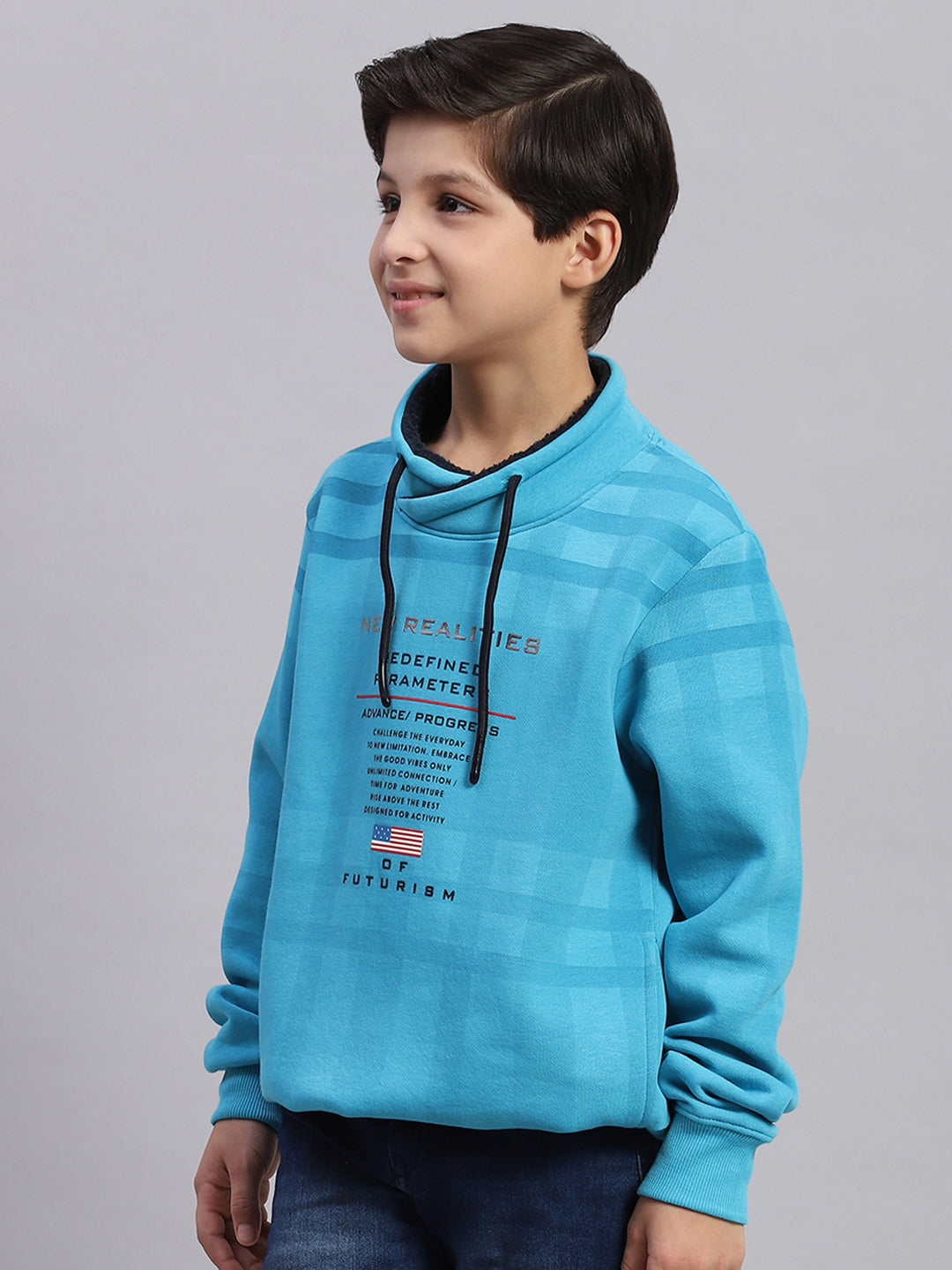 Boys Turquoise Blue Printed F Neck Full Sleeve Sweatshirt