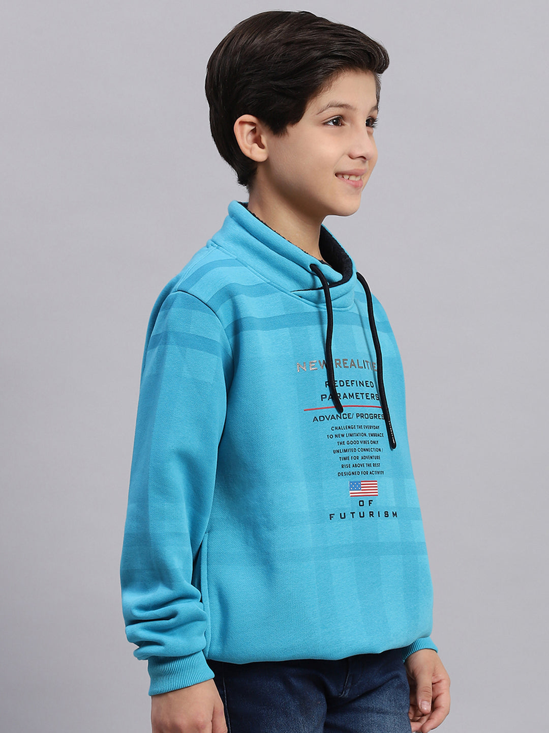 Boys Turquoise Blue Printed F Neck Full Sleeve Sweatshirt