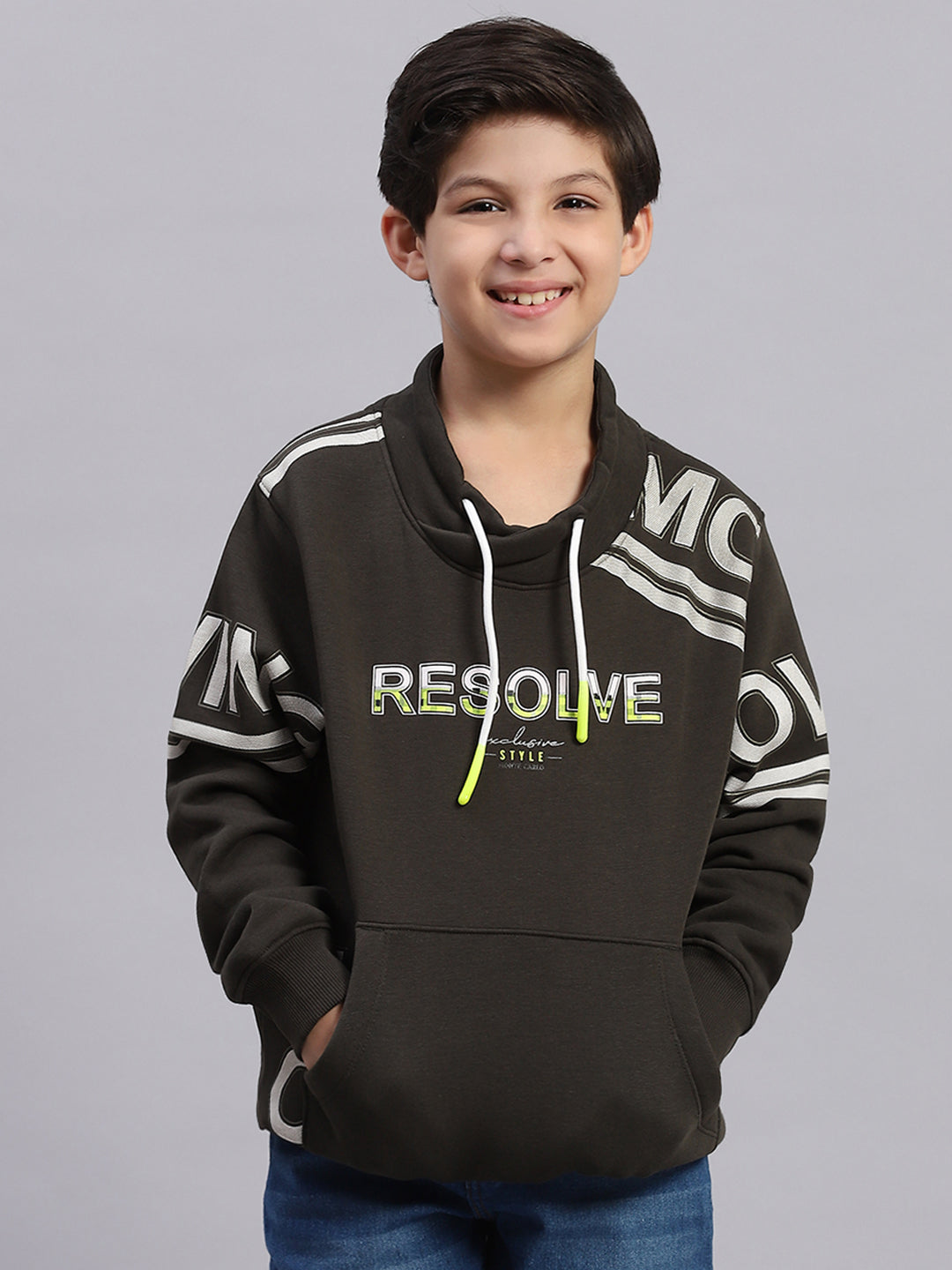 Boys Olive Printed F Neck Full Sleeve Sweatshirt