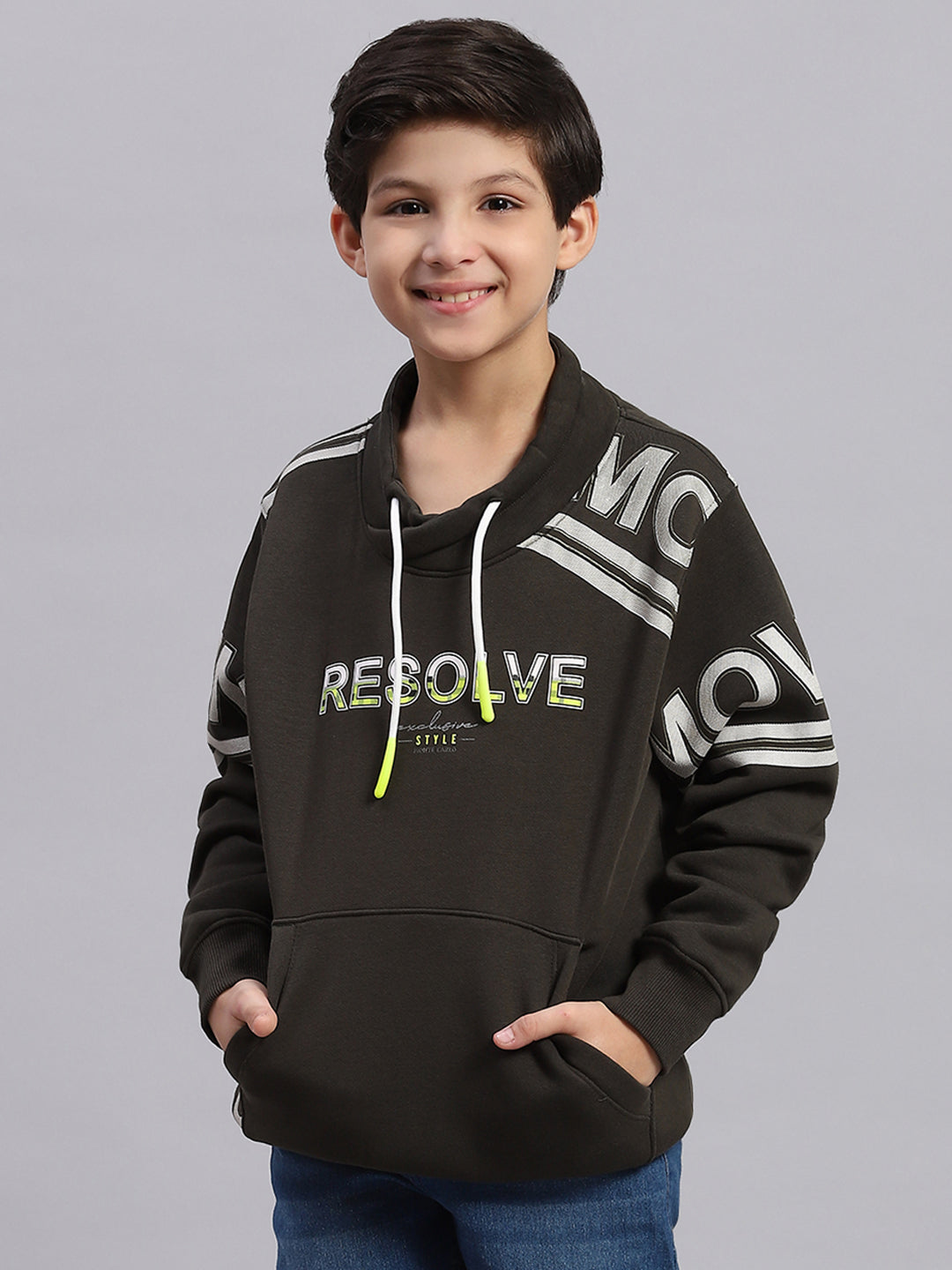 Boys Olive Printed F Neck Full Sleeve Sweatshirt