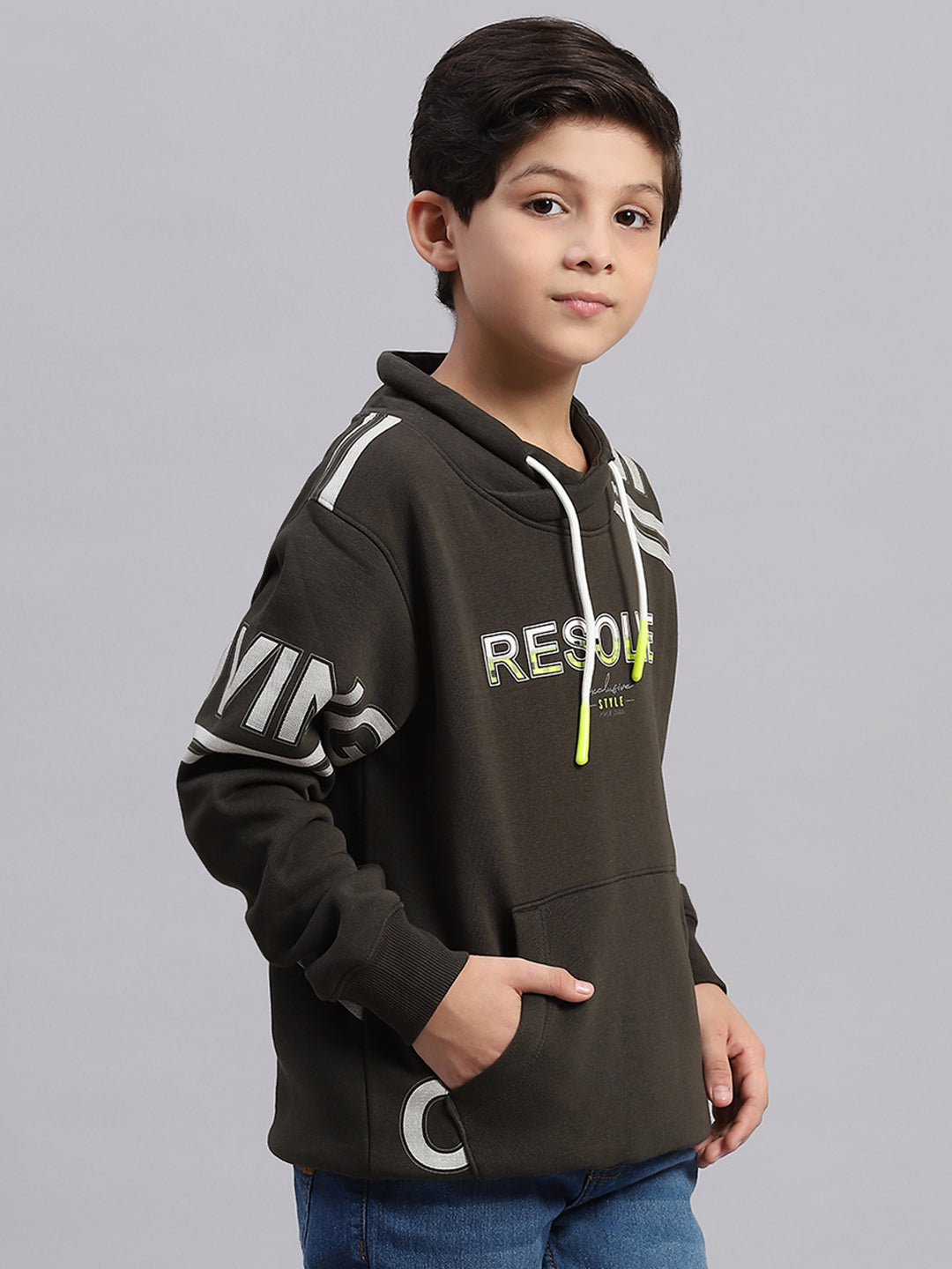 Boys Olive Printed F Neck Full Sleeve Sweatshirt