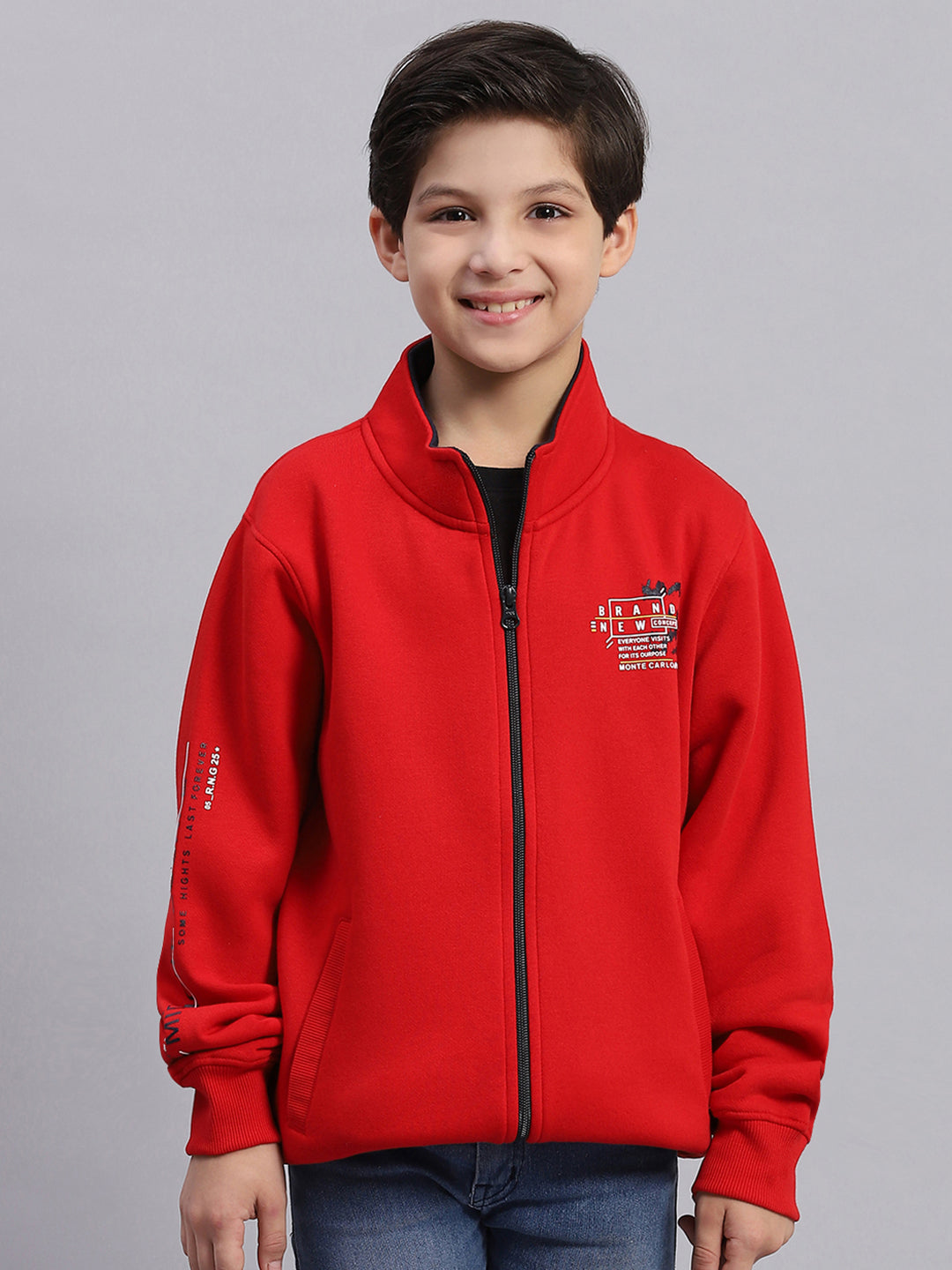 Boys Red Printed Stand Collar Full Sleeve Sweatshirt