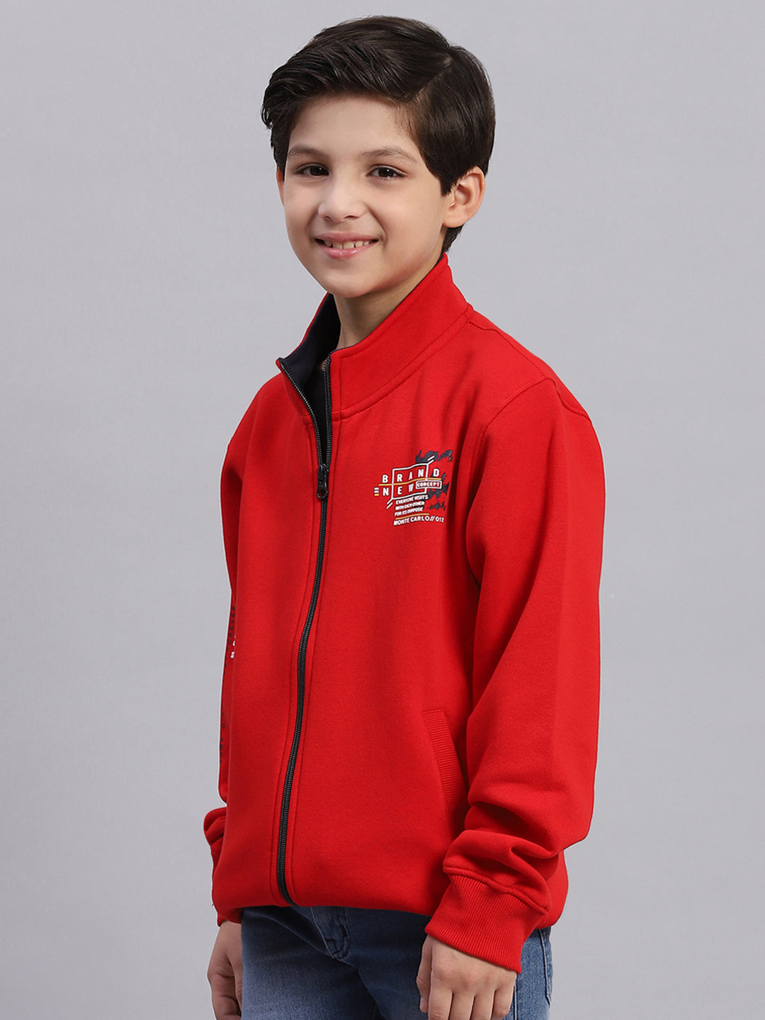 Boys Red Printed Stand Collar Full Sleeve Sweatshirt