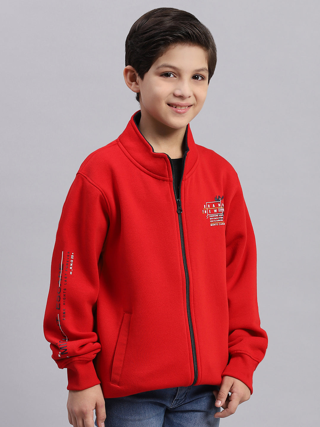 Boys Red Printed Stand Collar Full Sleeve Sweatshirt