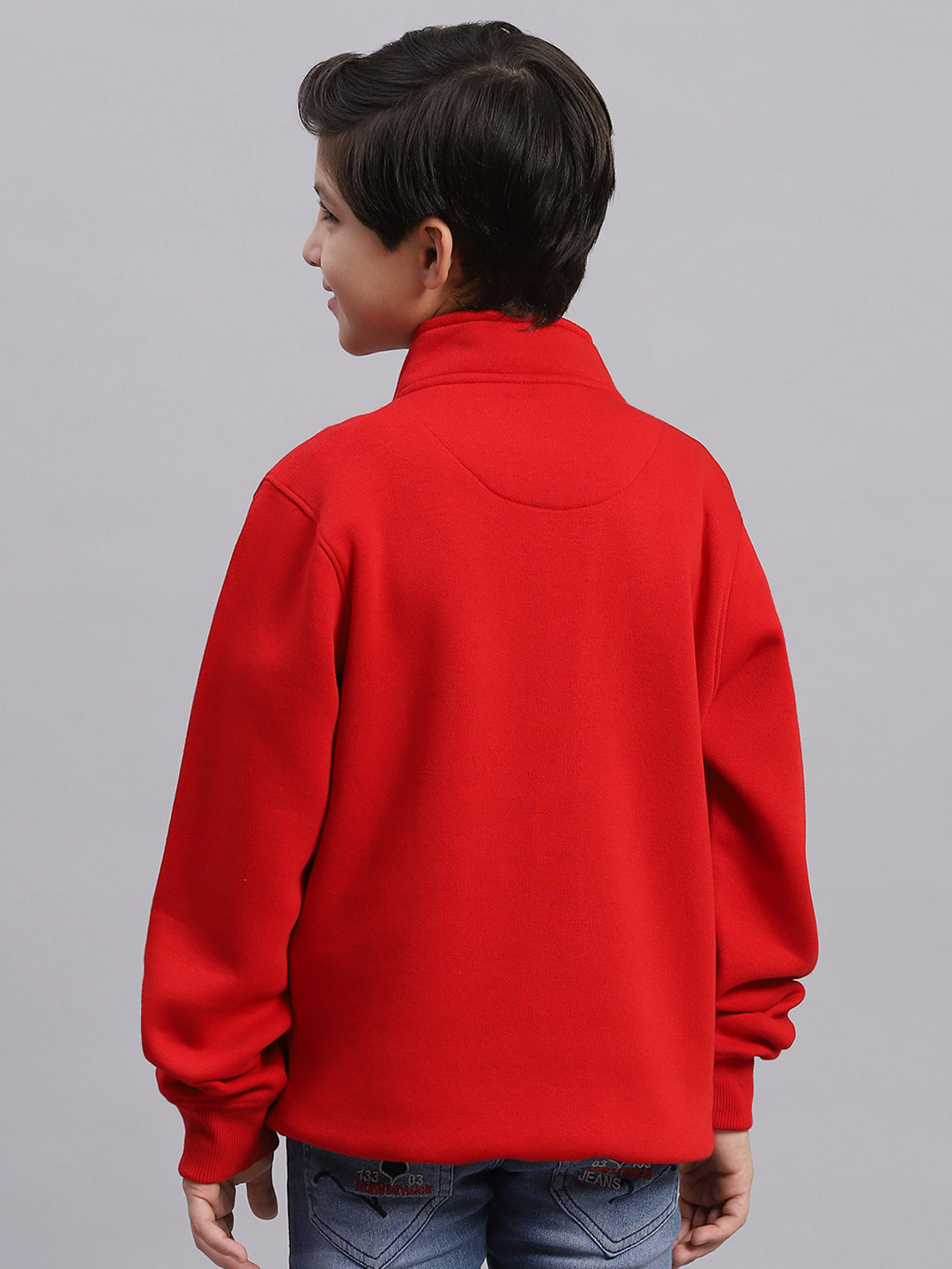 Boys Red Printed Stand Collar Full Sleeve Sweatshirt