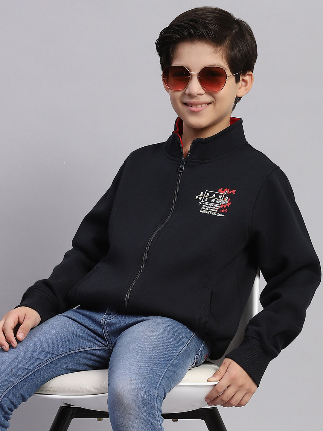 Boys Navy Blue Printed Stand Collar Full Sleeve Sweatshirt