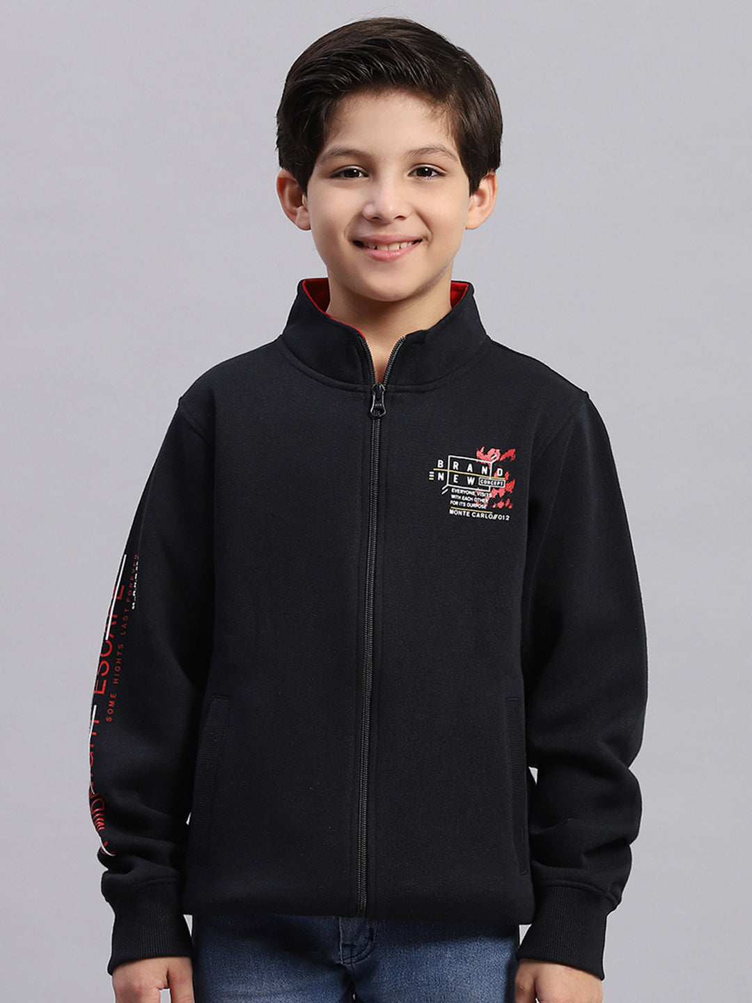 Boys Navy Blue Printed Stand Collar Full Sleeve Sweatshirt