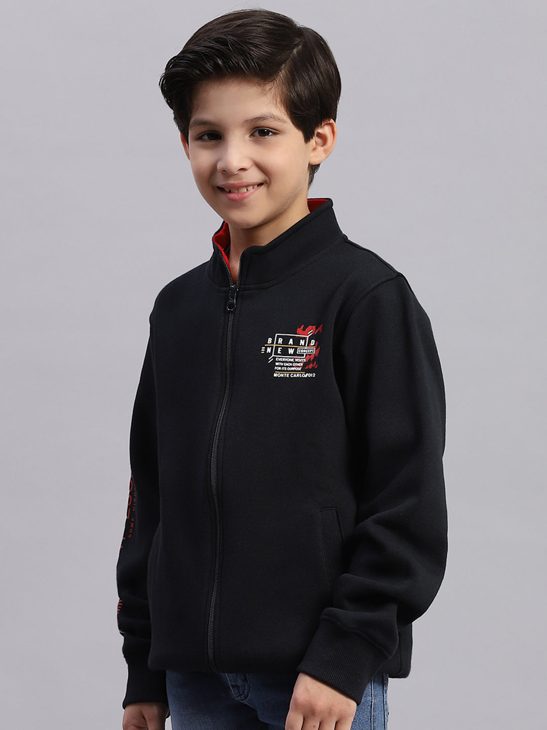 Boys Navy Blue Printed Stand Collar Full Sleeve Sweatshirt