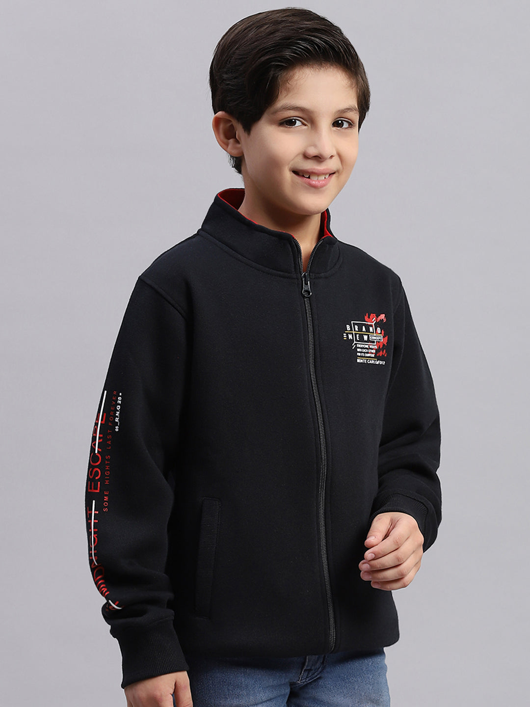 Boys Navy Blue Printed Stand Collar Full Sleeve Sweatshirt