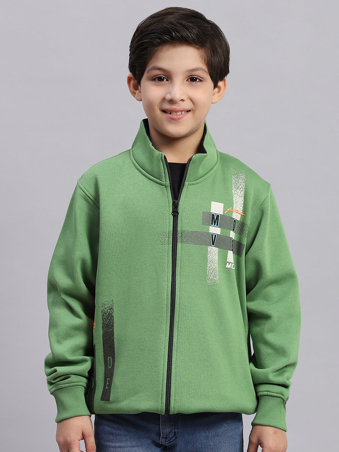 Boys Green Printed Stand Collar Full Sleeve Sweatshirt