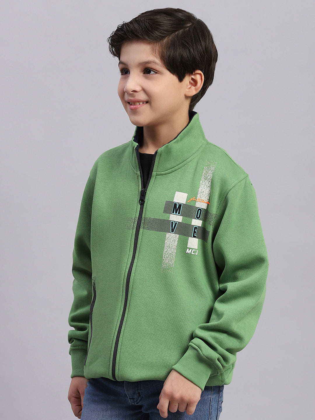 Boys Green Printed Stand Collar Full Sleeve Sweatshirt