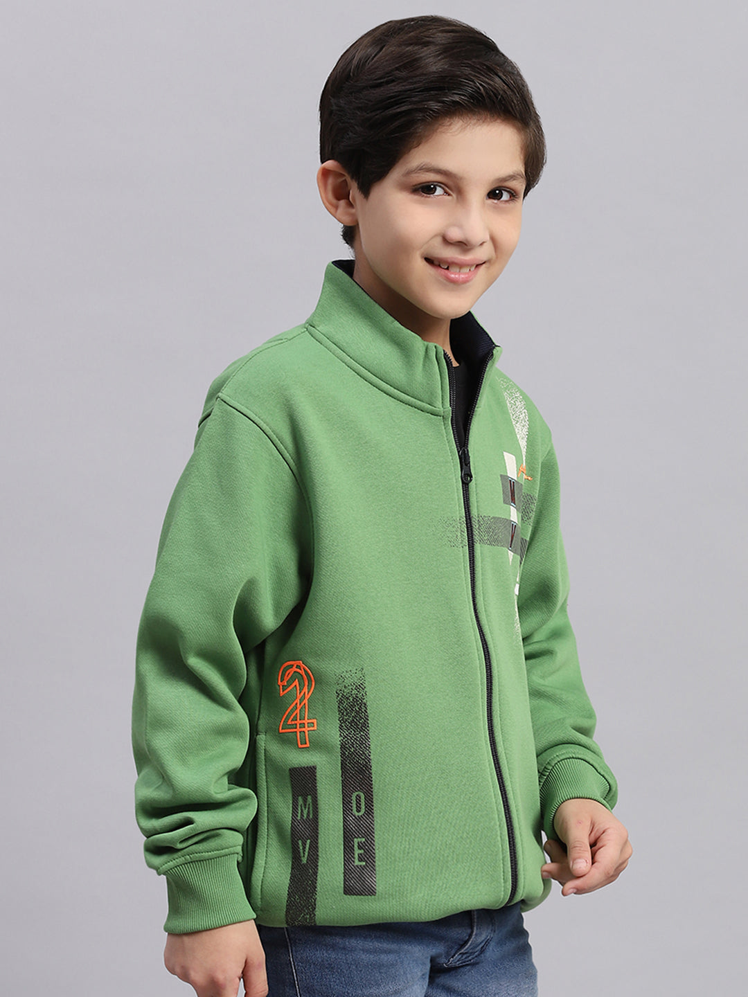 Boys Green Printed Stand Collar Full Sleeve Sweatshirt