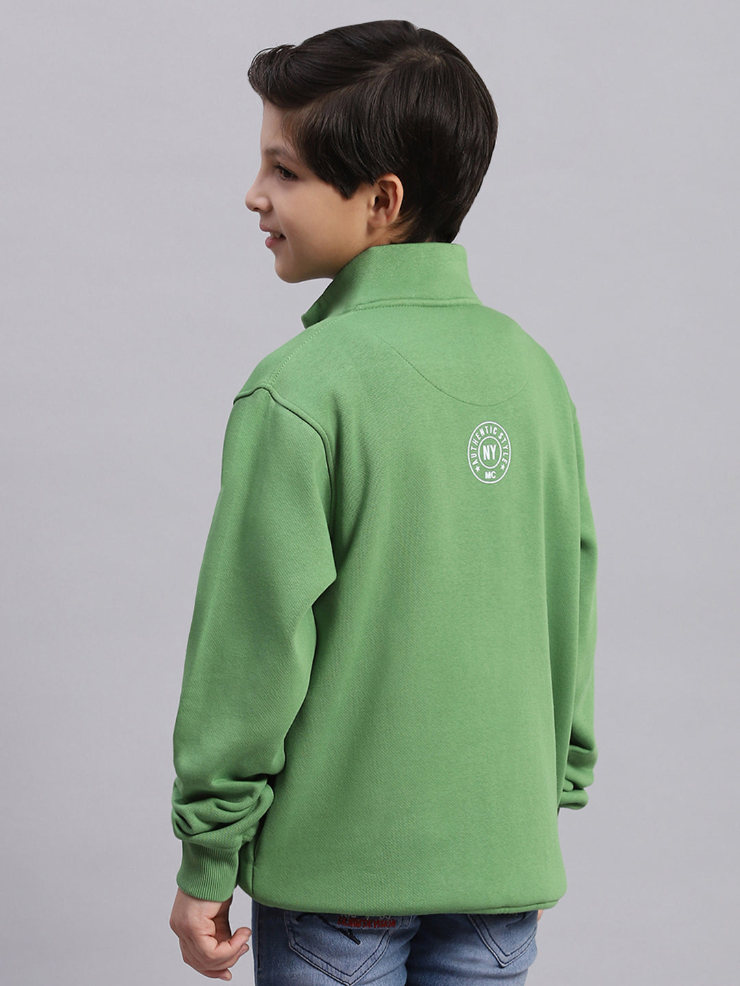 Boys Green Printed Stand Collar Full Sleeve Sweatshirt