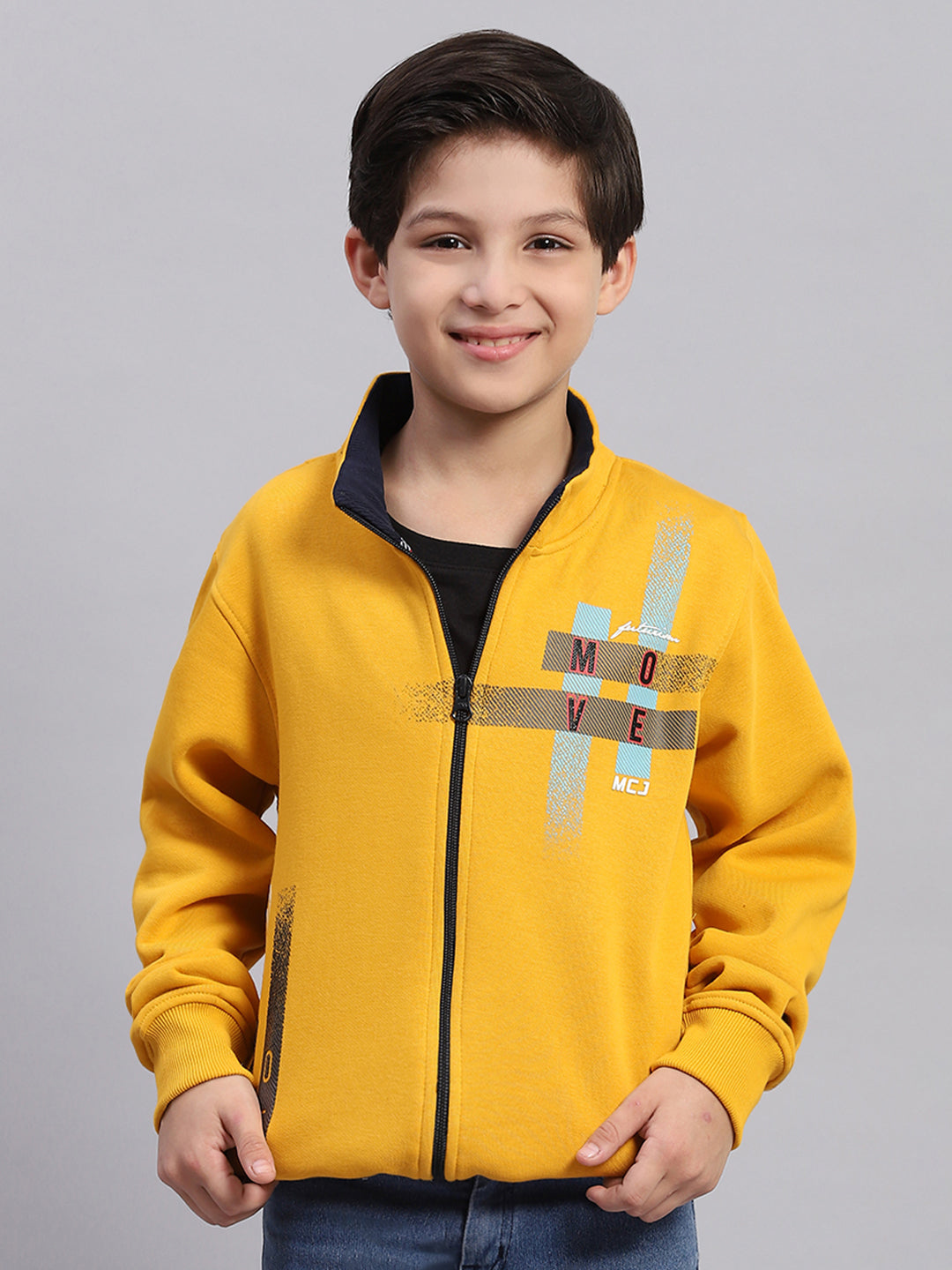 Boys Mustard Printed Stand Collar Full Sleeve Sweatshirt