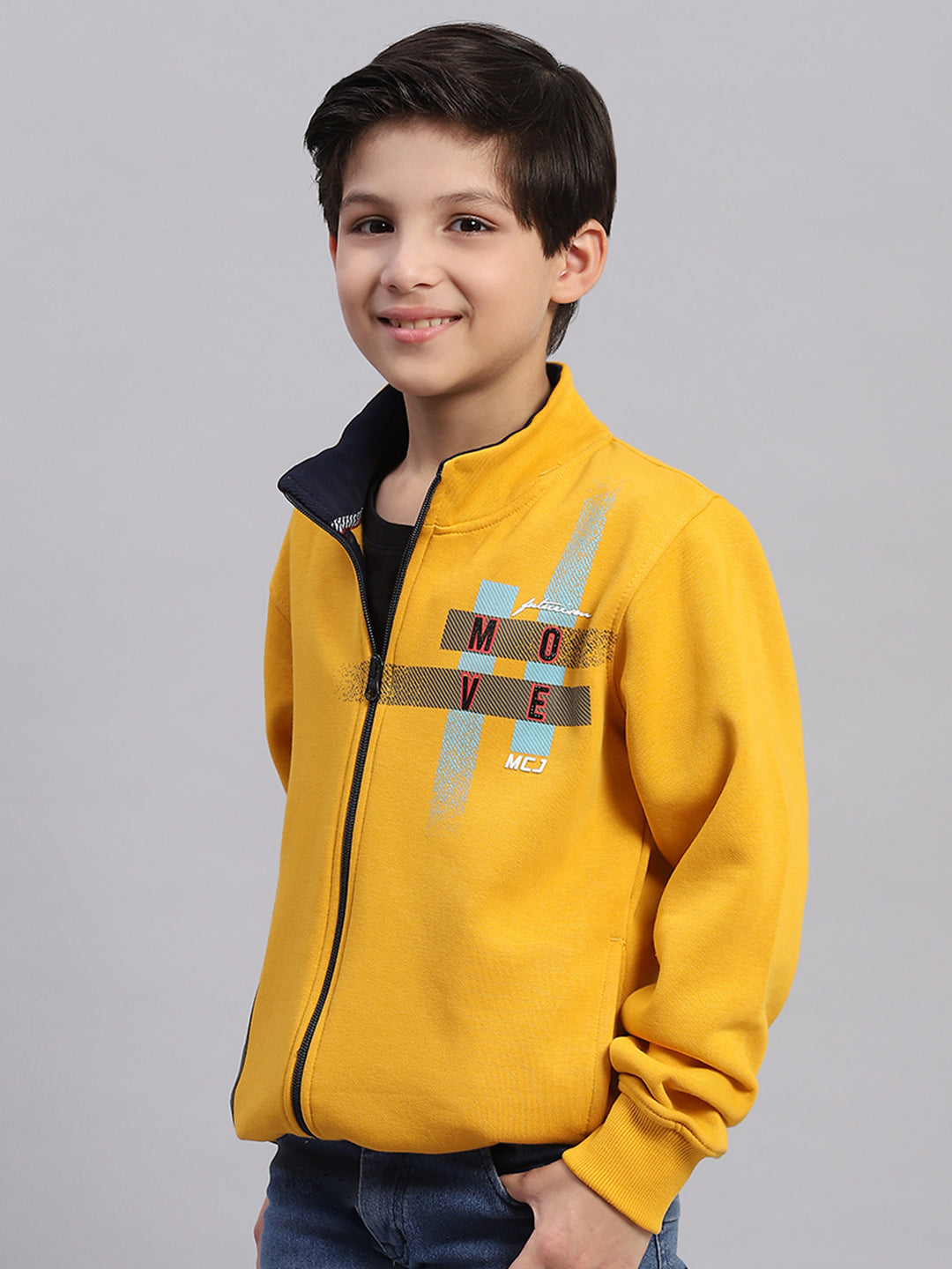 Boys Mustard Printed Stand Collar Full Sleeve Sweatshirt