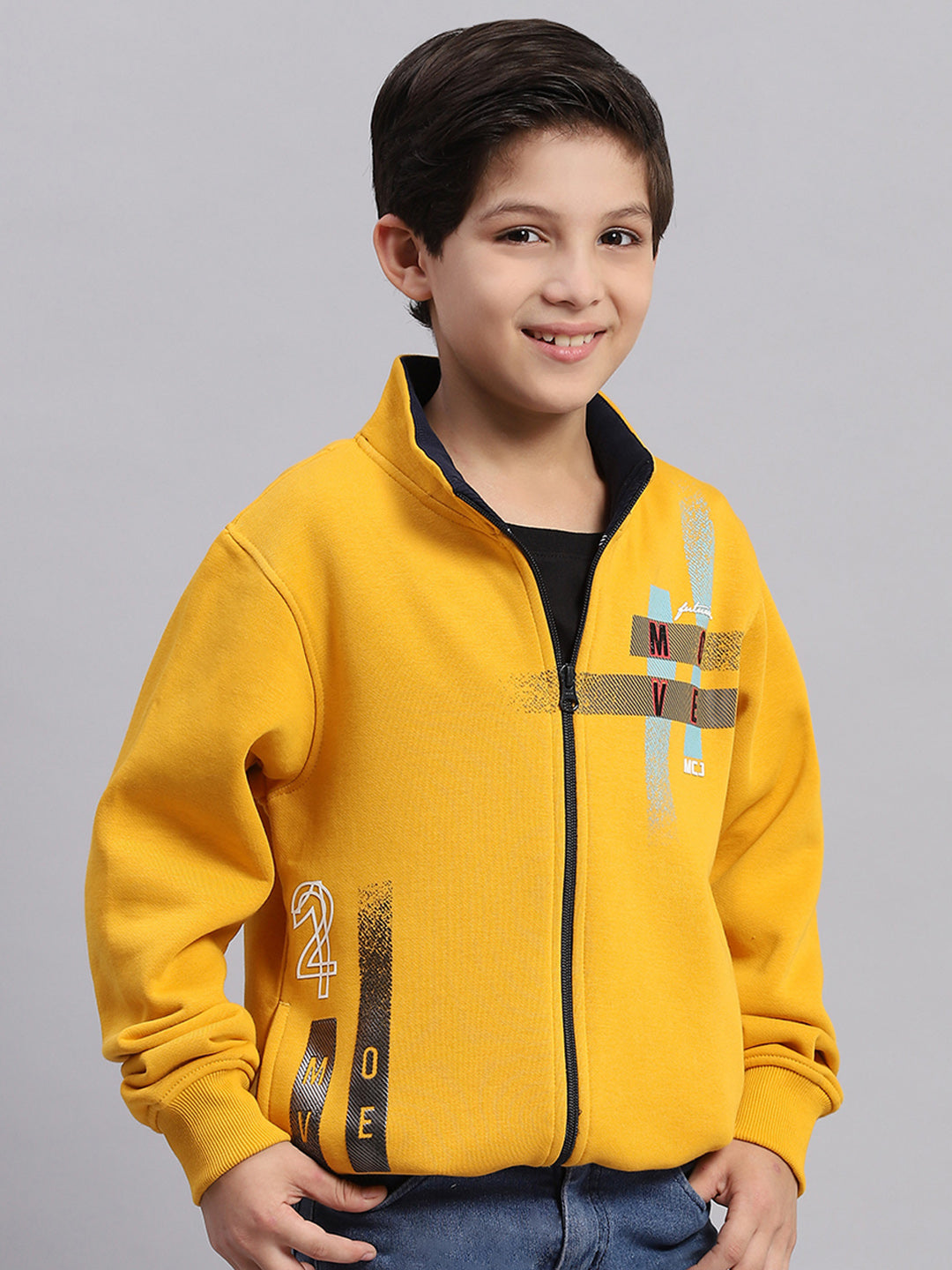 Boys Mustard Printed Stand Collar Full Sleeve Sweatshirt