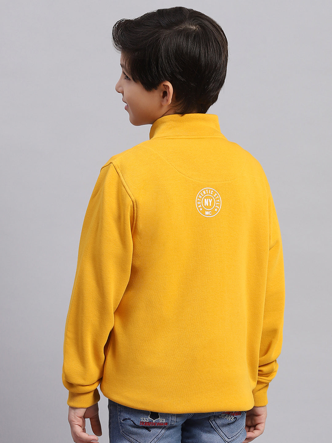 Boys Mustard Printed Stand Collar Full Sleeve Sweatshirt