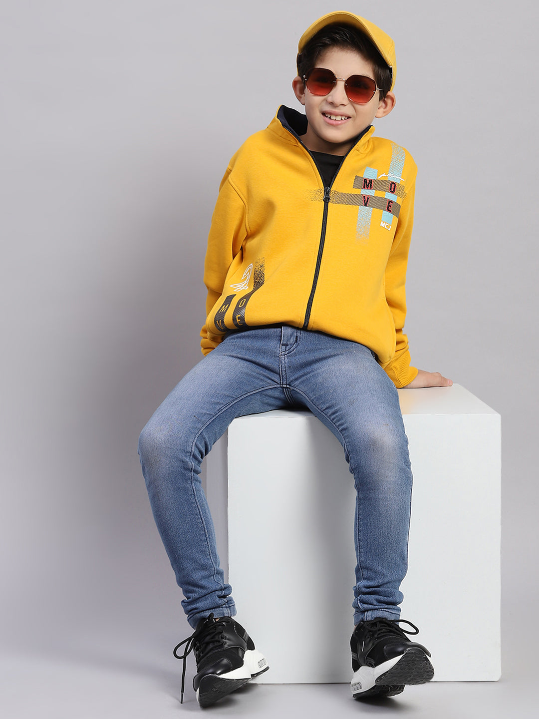 Boys Mustard Printed Stand Collar Full Sleeve Sweatshirt