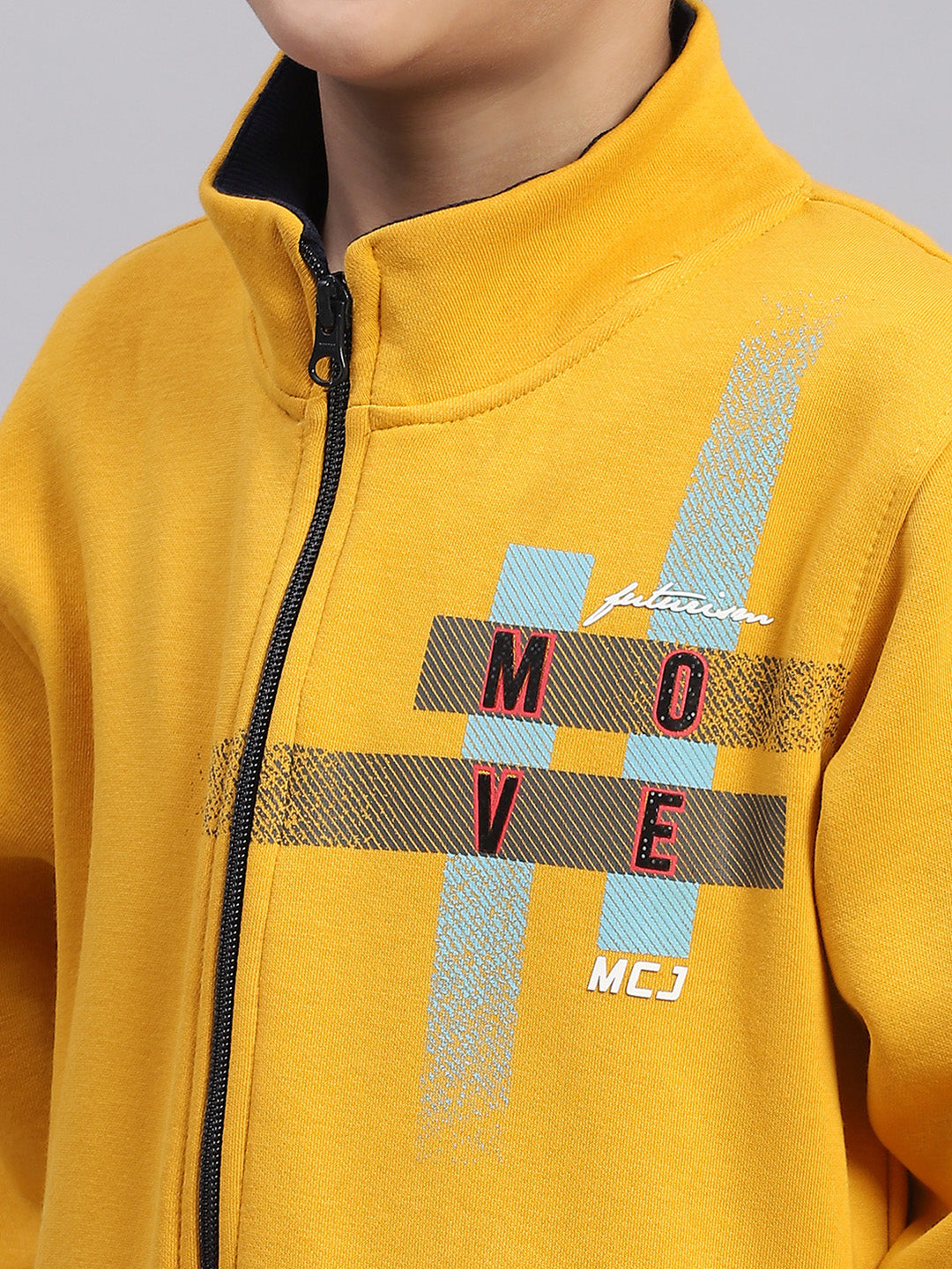 Boys Mustard Printed Stand Collar Full Sleeve Sweatshirt