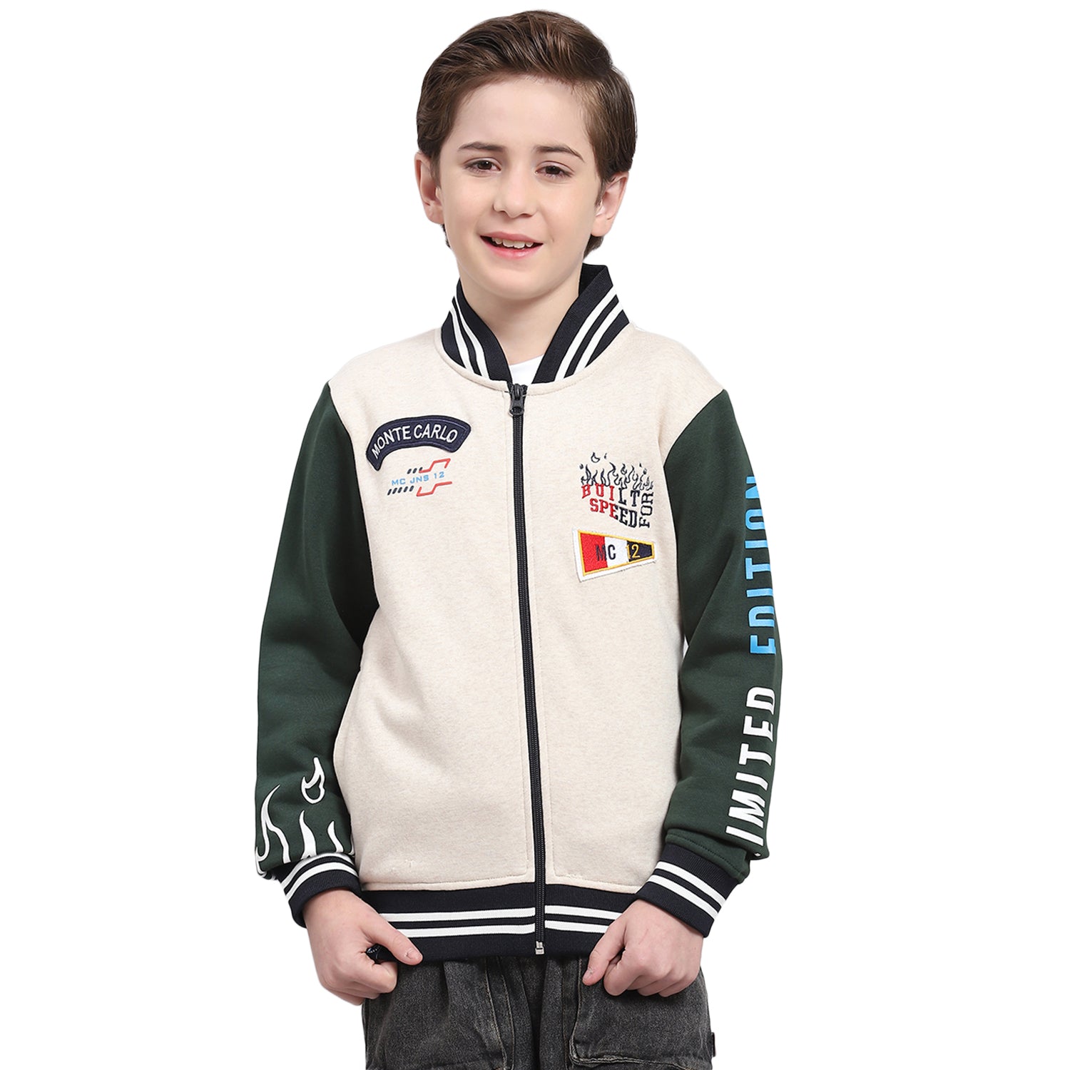 Boys Beige Printed Mandarin Collar Full Sleeve Sweatshirt