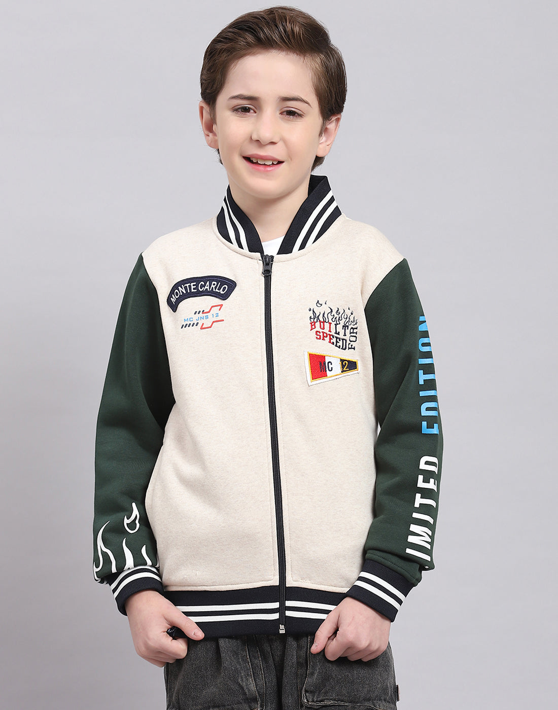 Boys Beige Printed Mandarin Collar Full Sleeve Sweatshirt