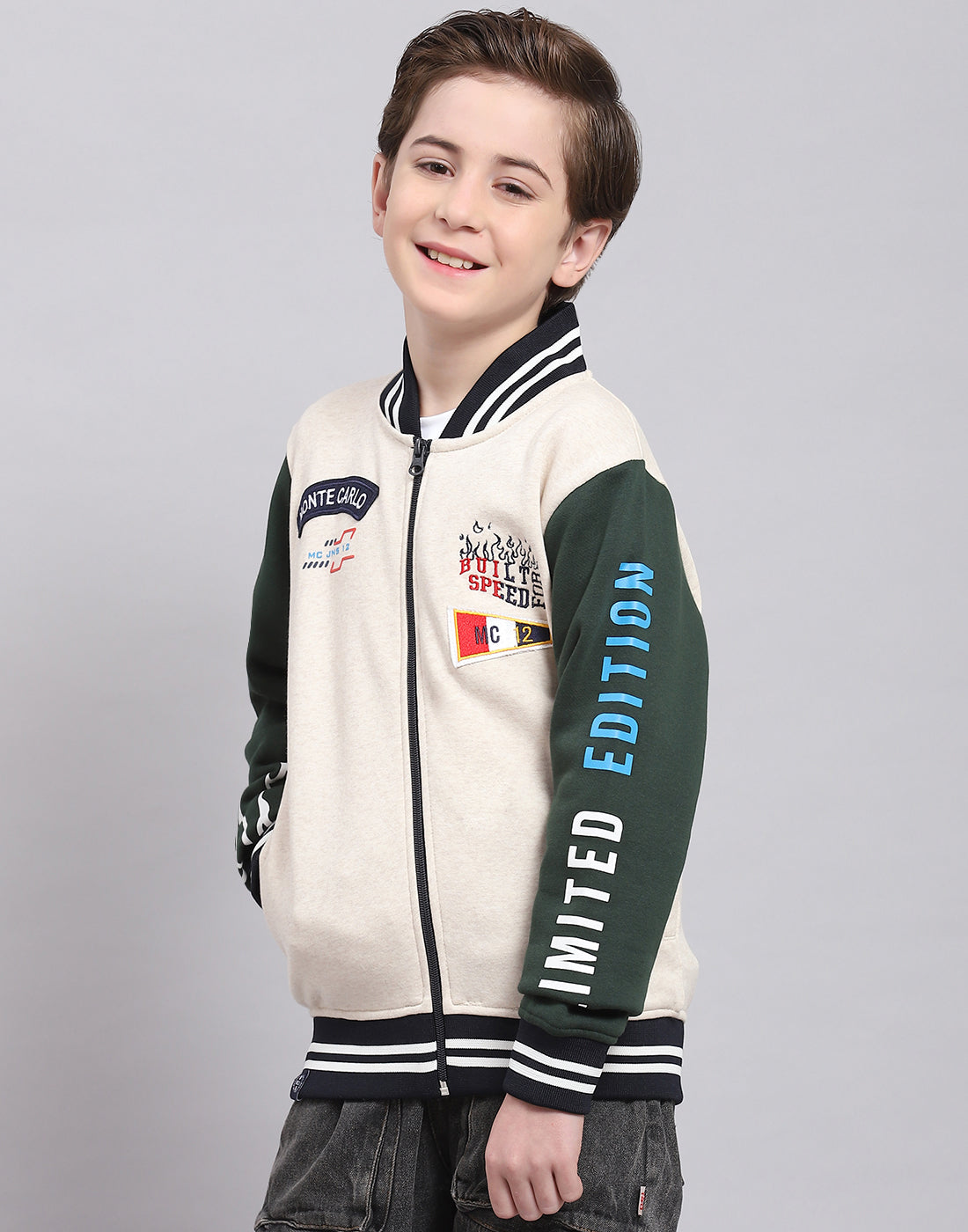 Boys Beige Printed Mandarin Collar Full Sleeve Sweatshirt