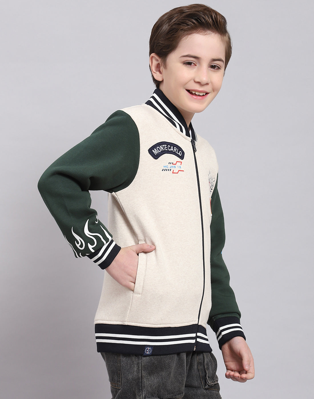 Boys Beige Printed Mandarin Collar Full Sleeve Sweatshirt