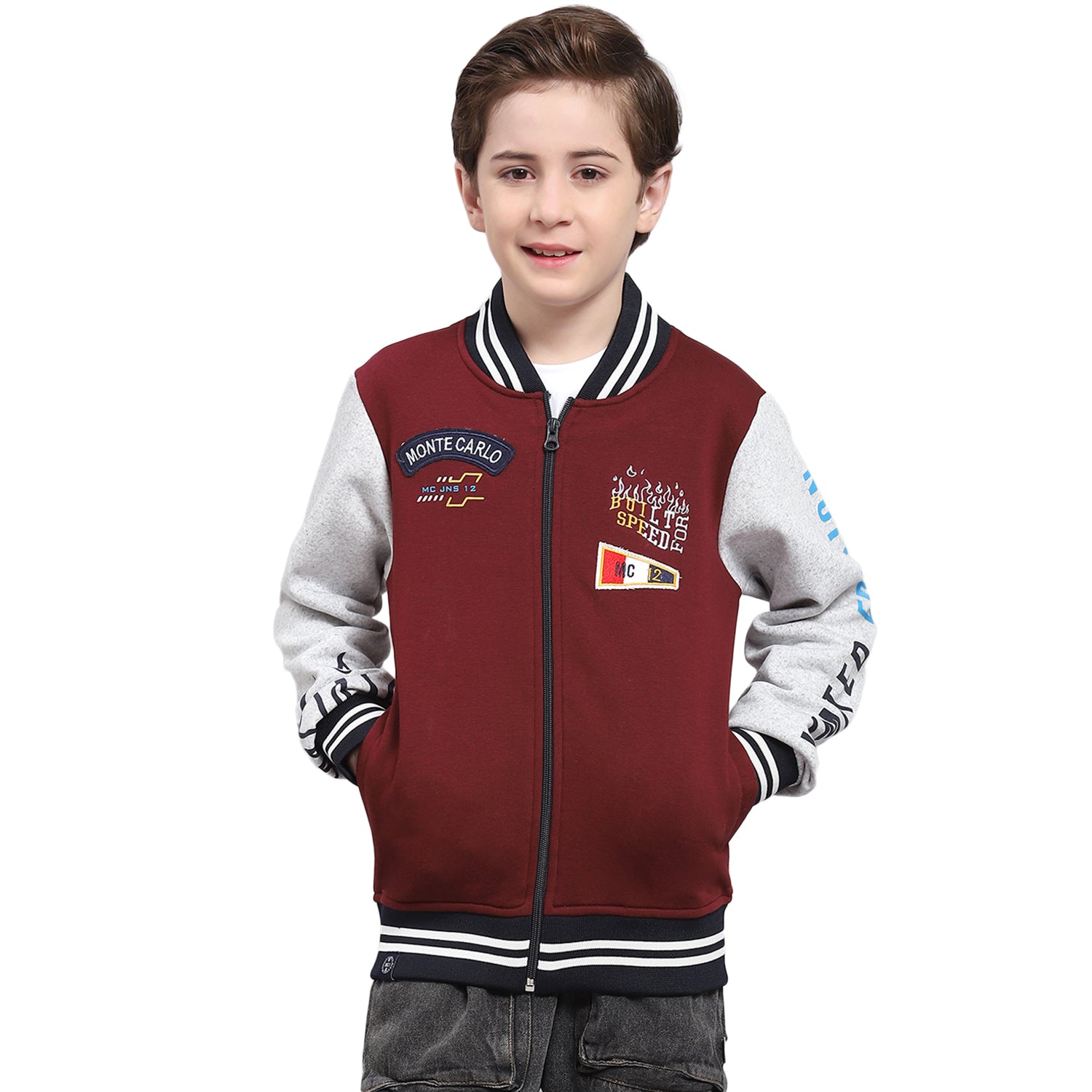 Boys Maroon Printed Mandarin Collar Full Sleeve Sweatshirt