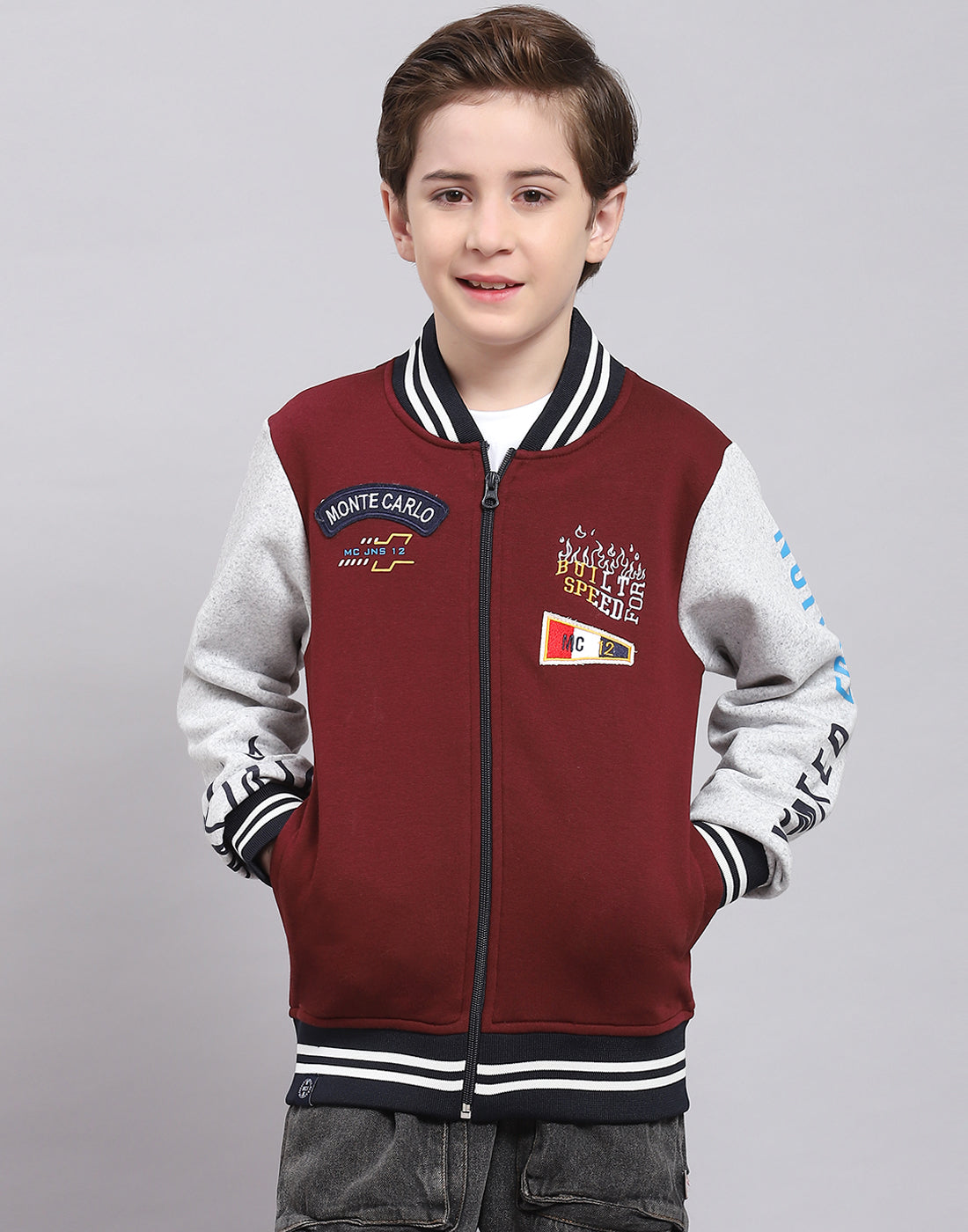 Boys Maroon Printed Mandarin Collar Full Sleeve Sweatshirt