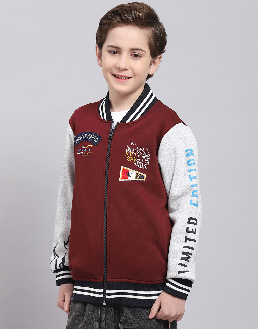 Boys Maroon Printed Mandarin Collar Full Sleeve Sweatshirt