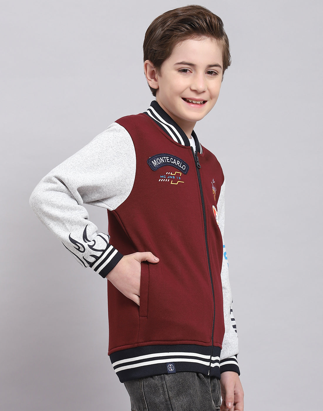 Boys Maroon Printed Mandarin Collar Full Sleeve Sweatshirt