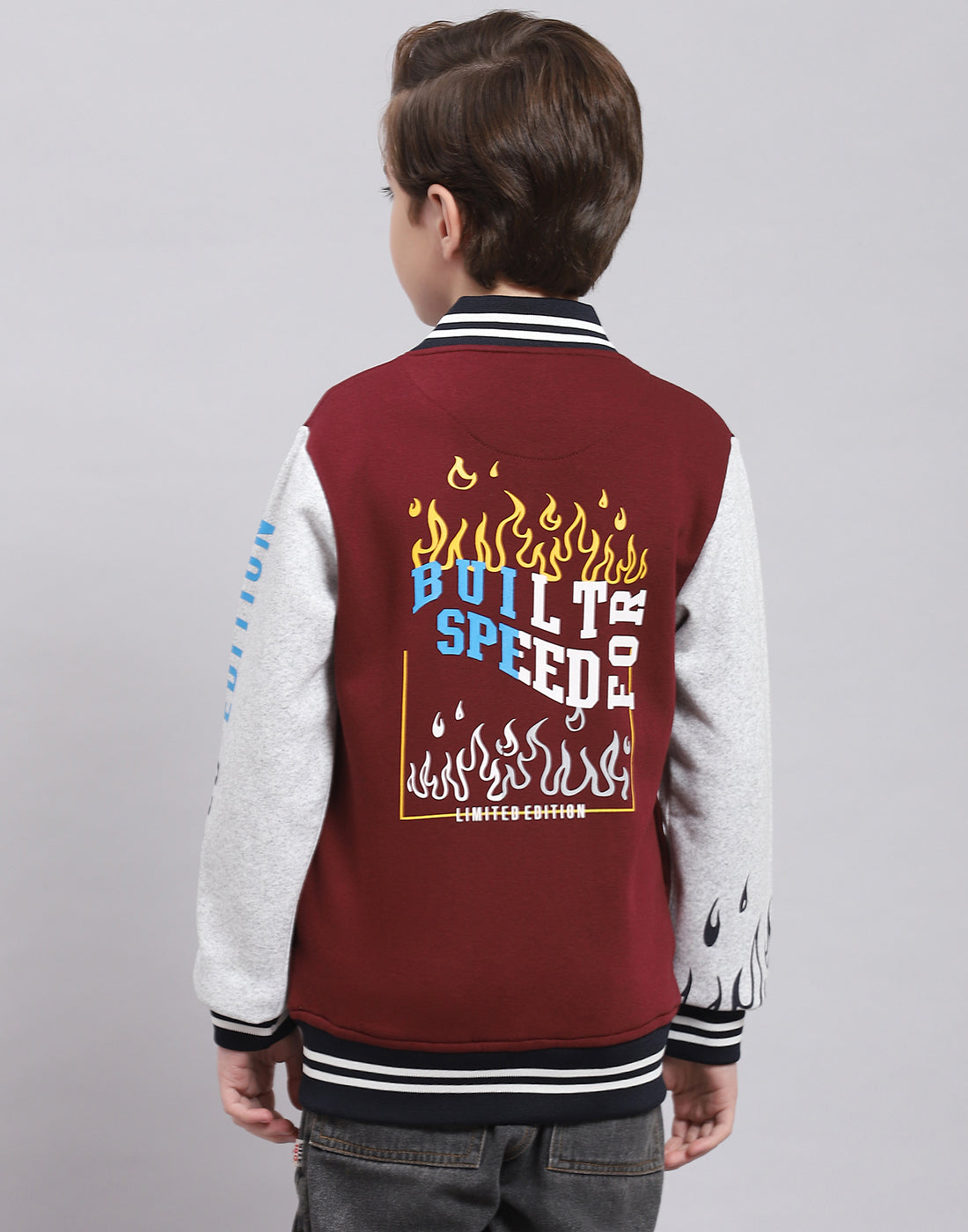 Boys Maroon Printed Mandarin Collar Full Sleeve Sweatshirt