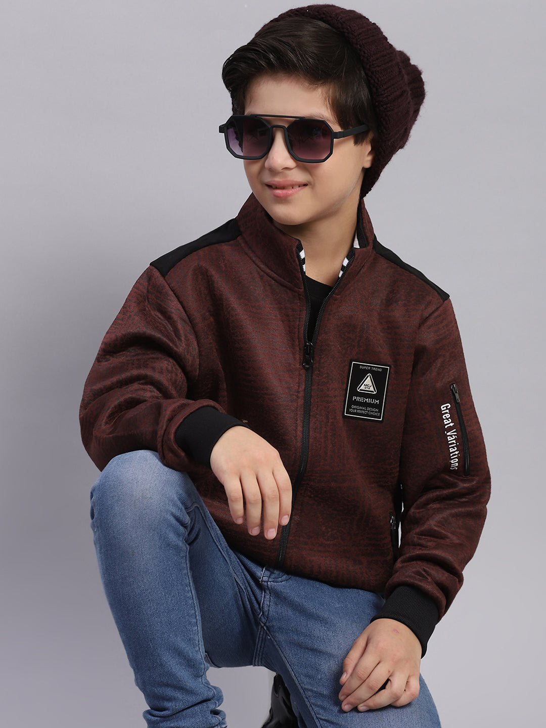 Boys Brown Printed Stand Collar Full Sleeve Sweatshirt