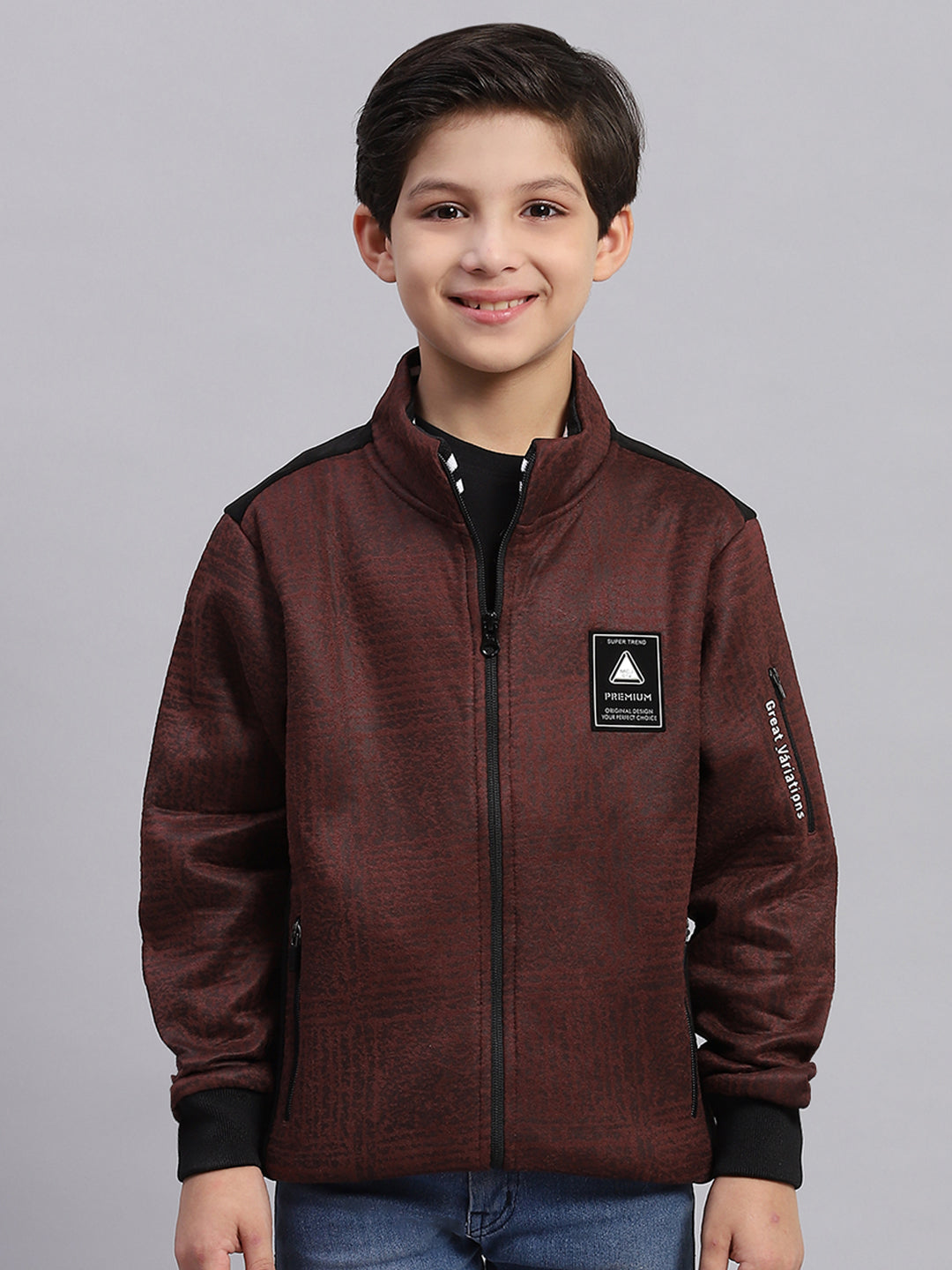 Boys Brown Printed Stand Collar Full Sleeve Sweatshirt